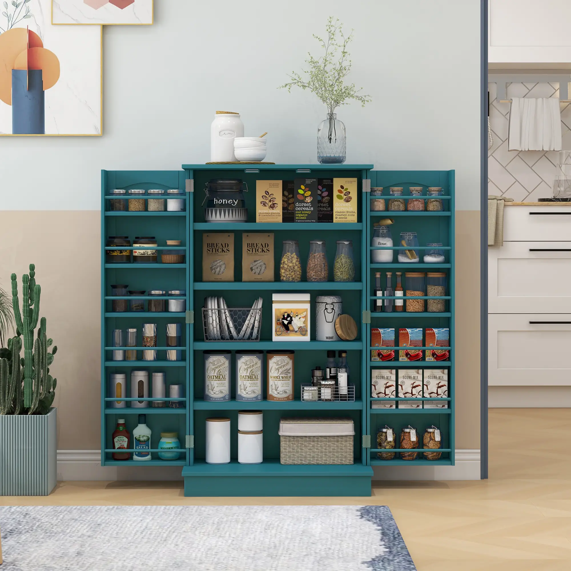 41 Storage Cabinet, 2-Door Kitchen Pantry, 5-Tier Shelving, Teal Blue - Image 2