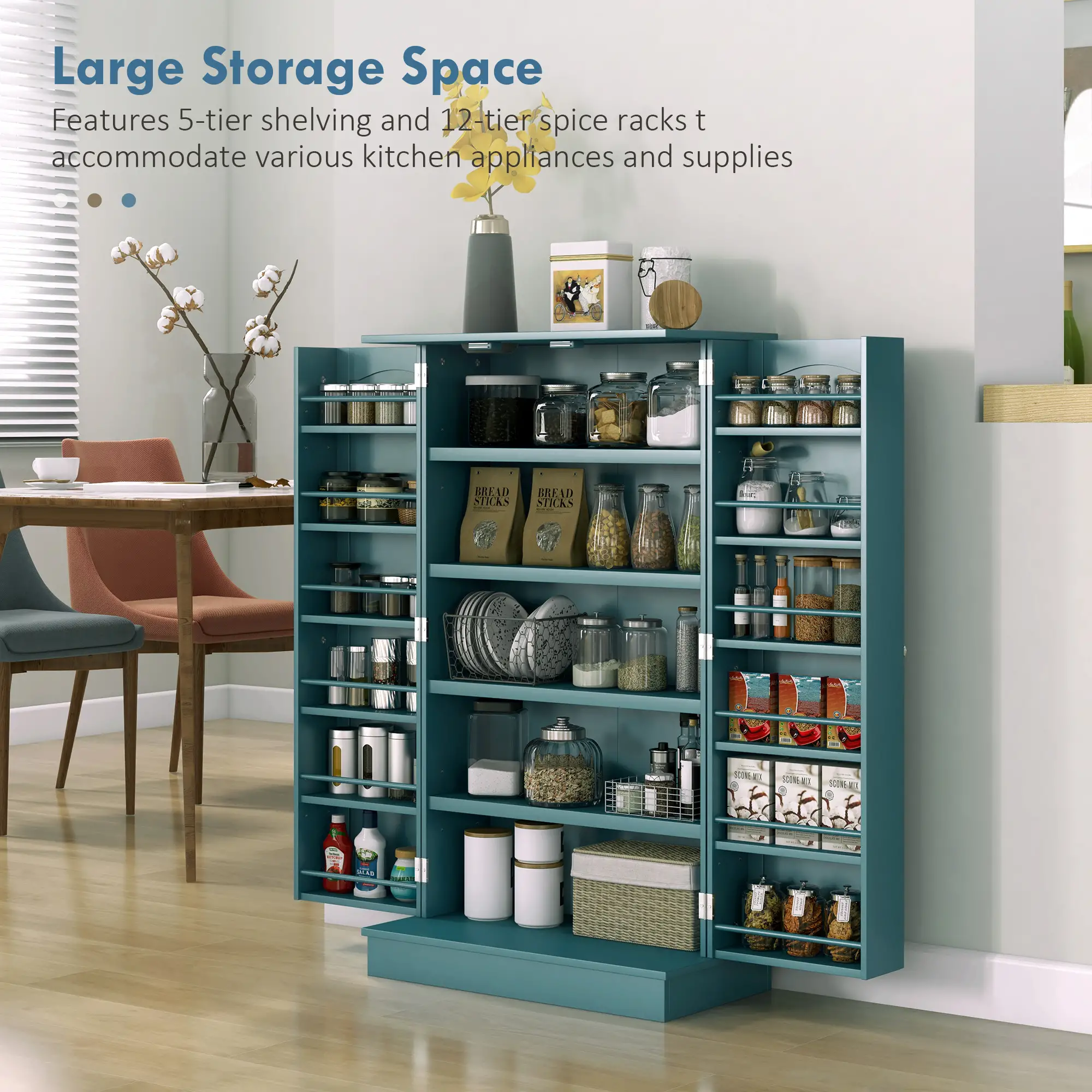 41 Storage Cabinet, 2-Door Kitchen Pantry, 5-Tier Shelving, Teal Blue - Image 4