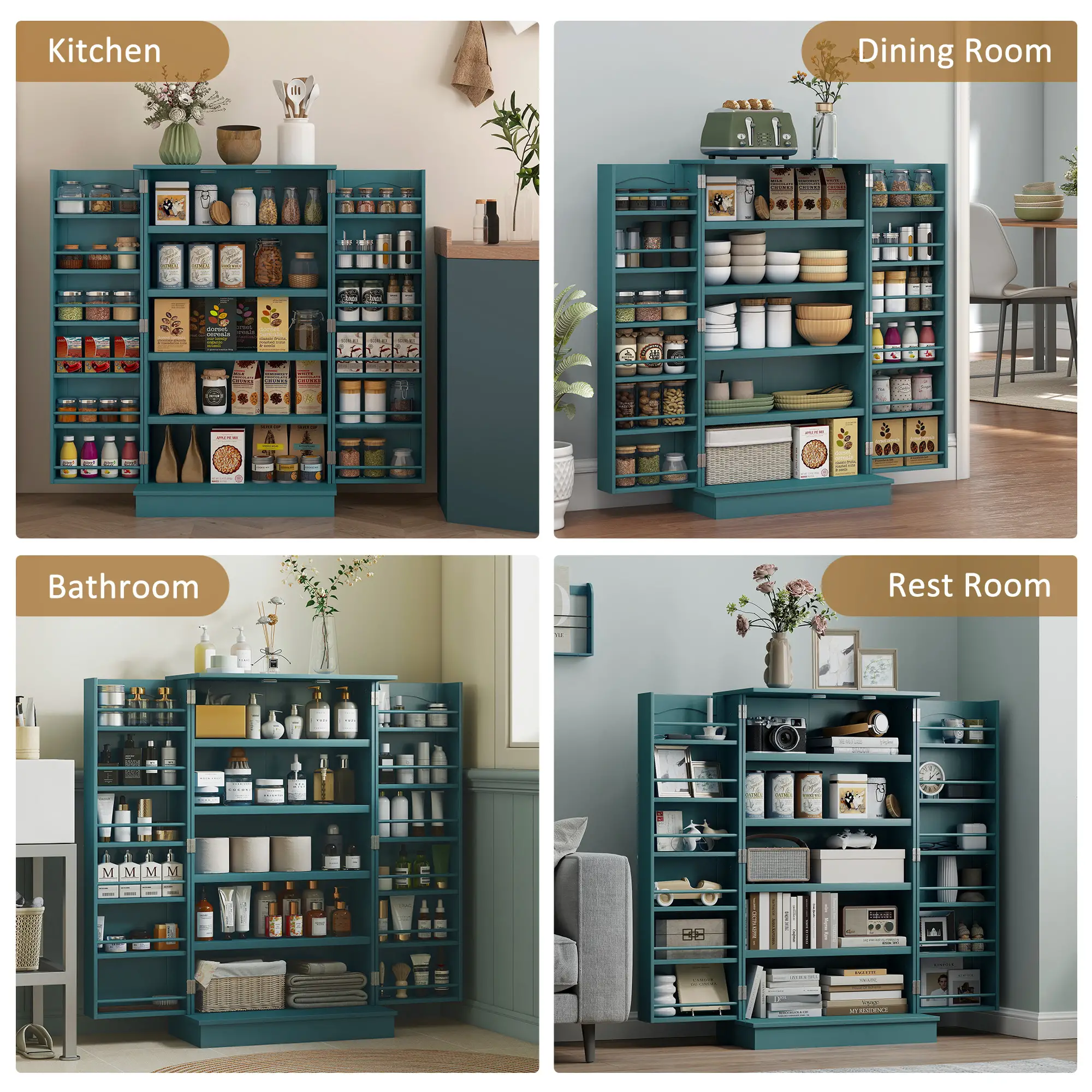 41 Storage Cabinet, 2-Door Kitchen Pantry, 5-Tier Shelving, Teal Blue - Image 7