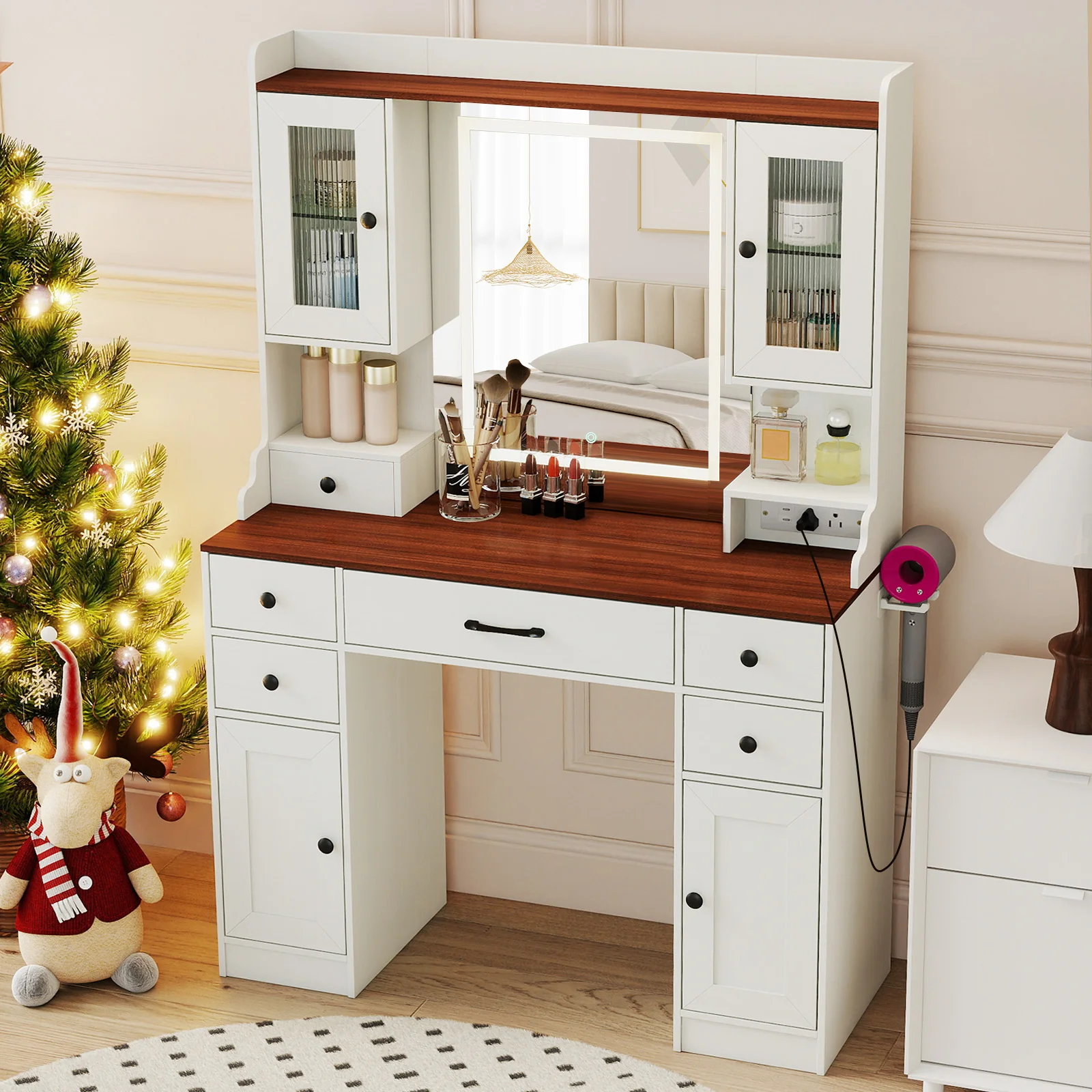 41.5 Inch Makeup Dressing Table with Power Outlets and 3 Color Lighting Modes-WH+, White - Image 10