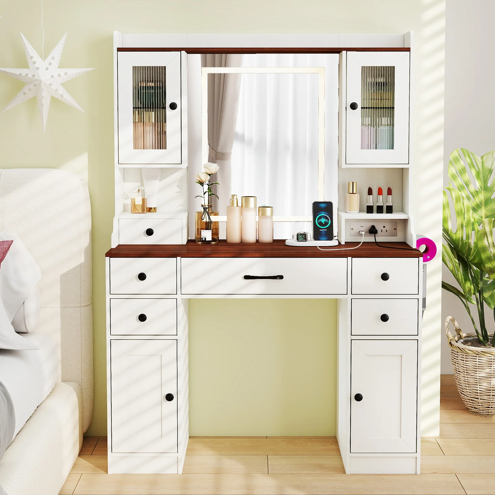 41.5 Inch Makeup Dressing Table with Power Outlets and 3 Color Lighting Modes-WH+, White - Image 2