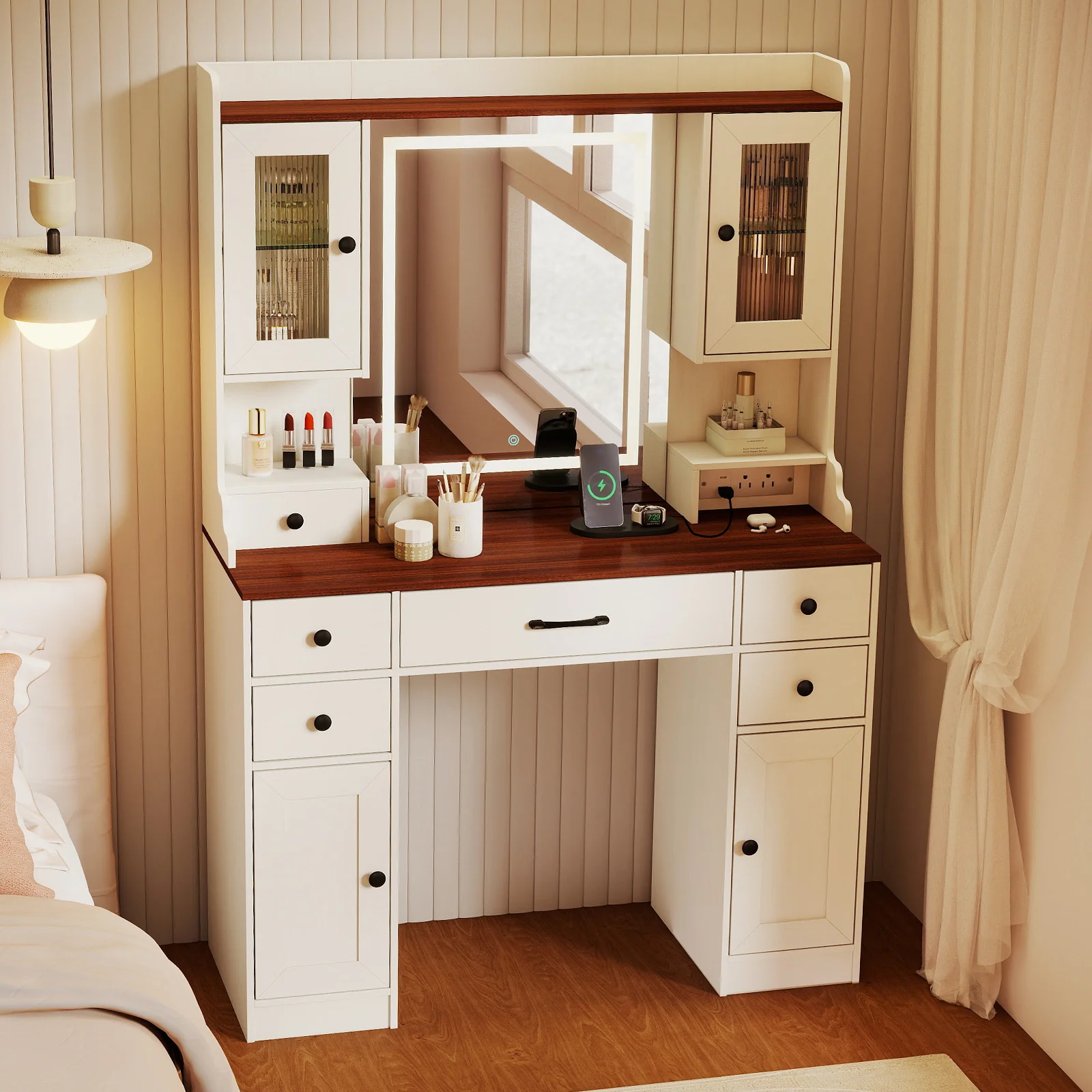 41.5 Inch Makeup Dressing Table with Power Outlets and 3 Color Lighting Modes-WH+, White - Image 3