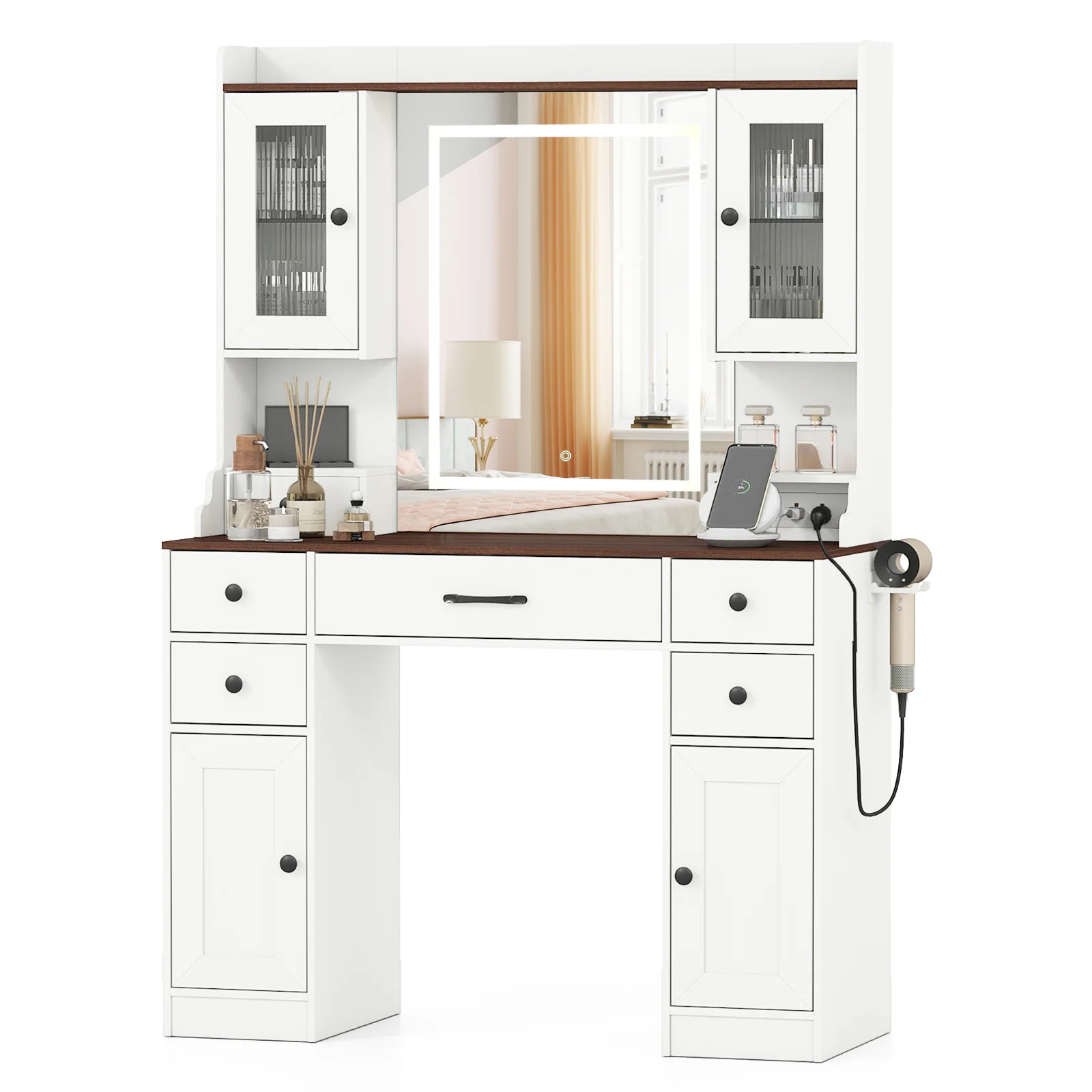41.5 Inch Makeup Dressing Table with Power Outlets and 3 Color Lighting Modes-WH+, White - Image 4