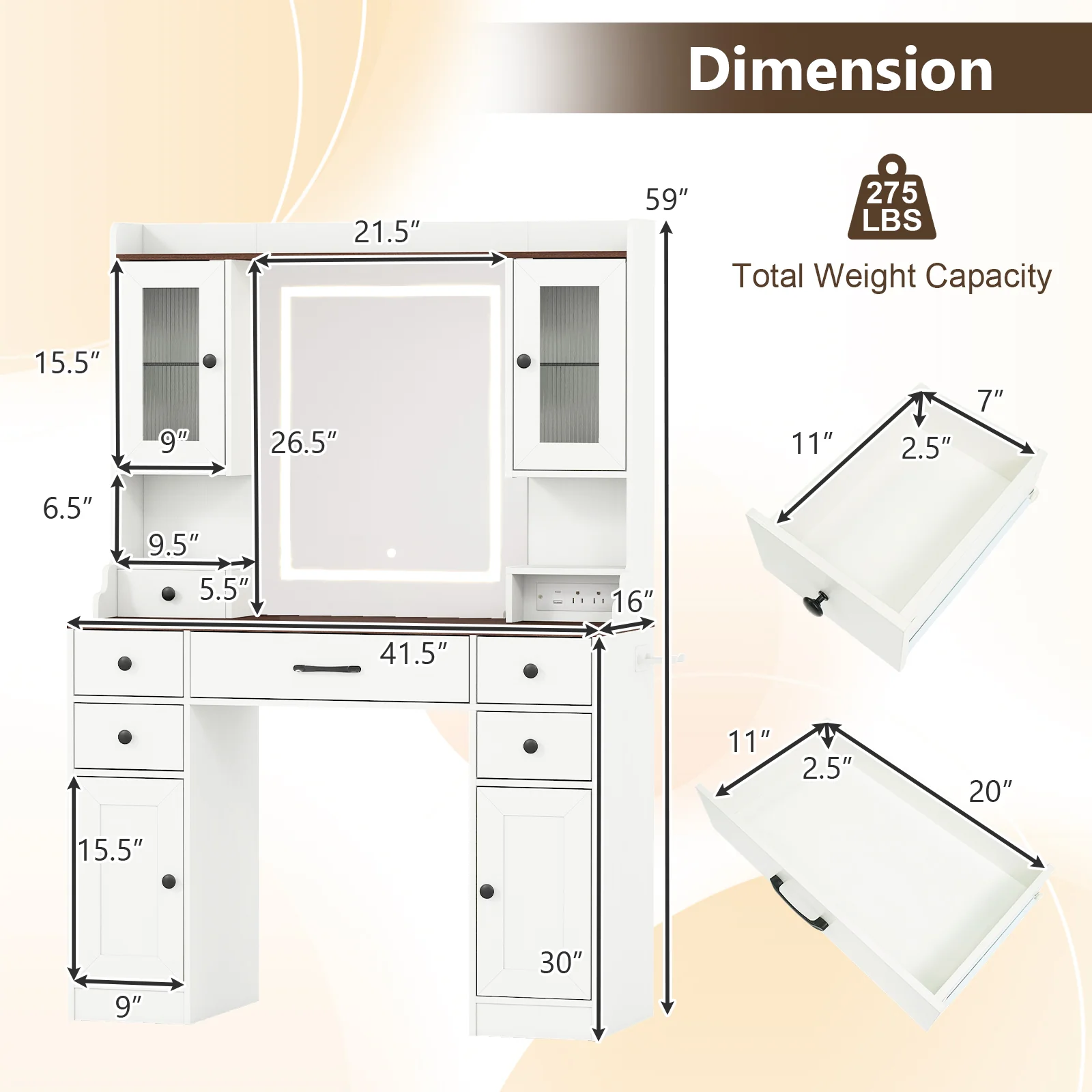 41.5 Inch Makeup Dressing Table with Power Outlets and 3 Color Lighting Modes-WH+, White - Image 5