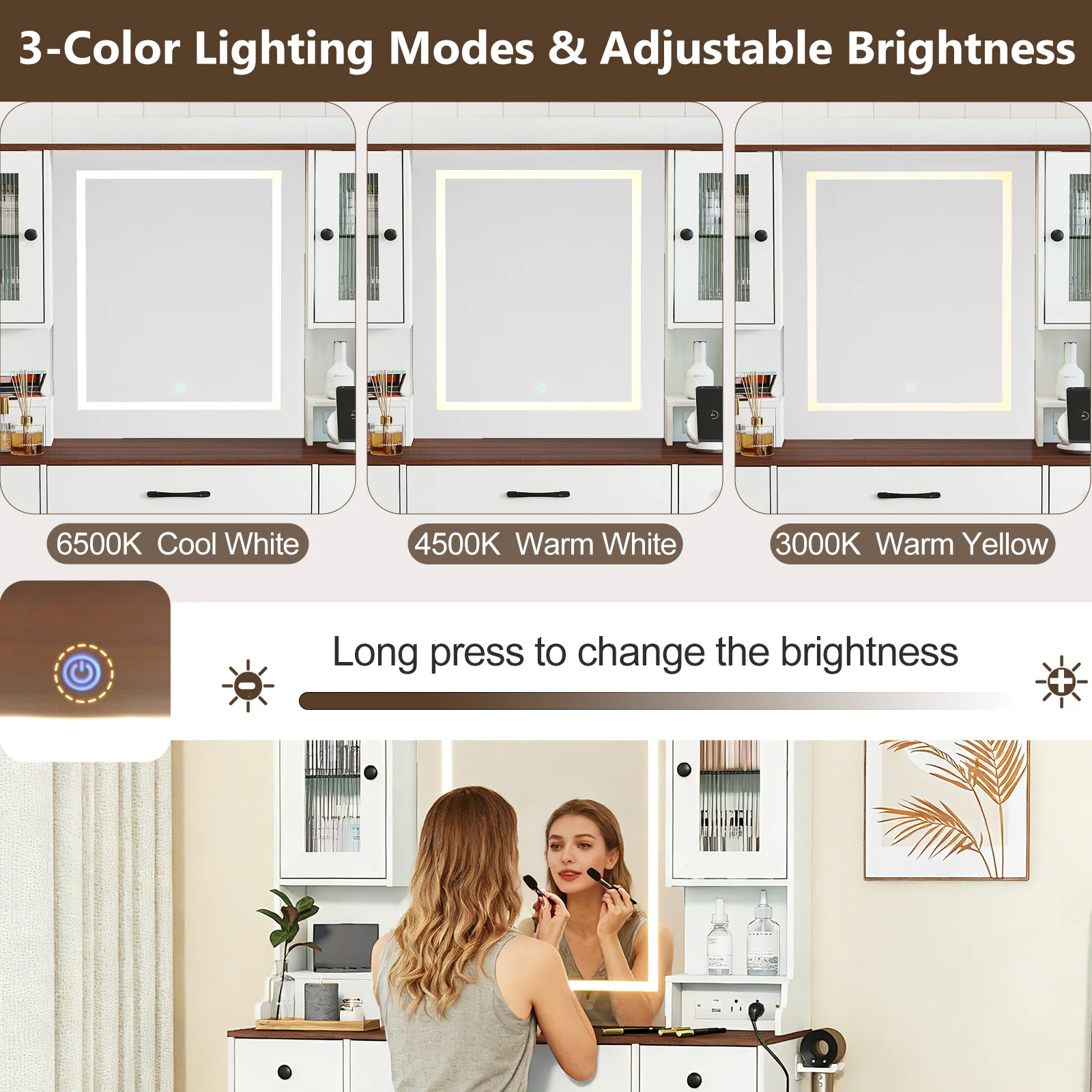 41.5 Inch Makeup Dressing Table with Power Outlets and 3 Color Lighting Modes-WH+, White - Image 6