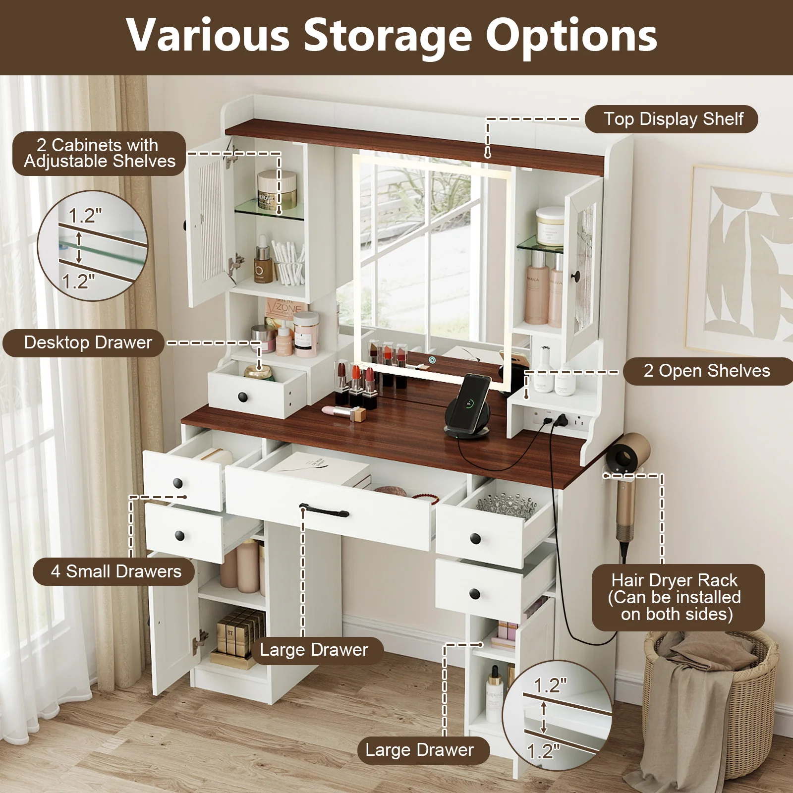 41.5 Inch Makeup Dressing Table with Power Outlets and 3 Color Lighting Modes-WH+, White - Image 7