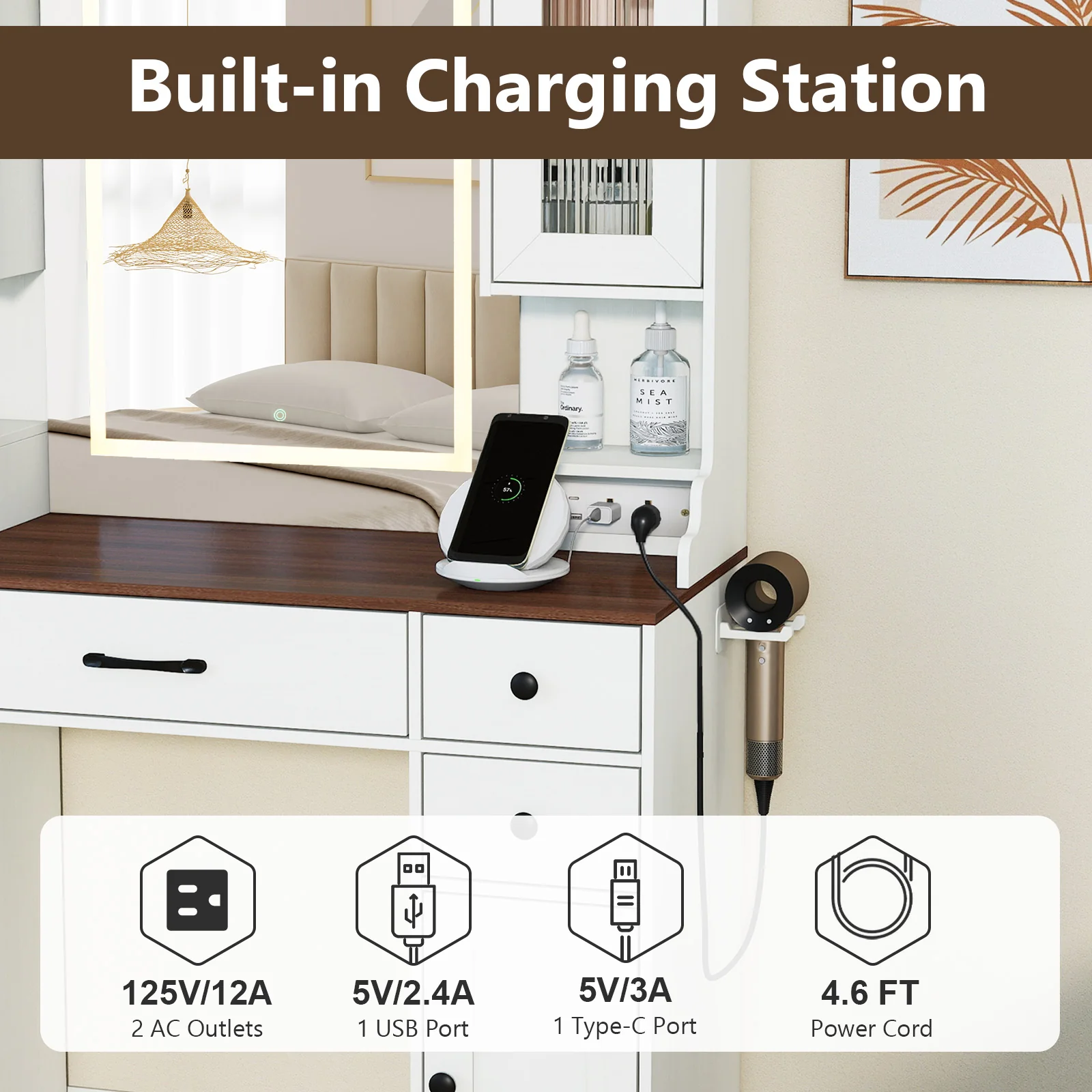 41.5 Inch Makeup Dressing Table with Power Outlets and 3 Color Lighting Modes-WH+, White - Image 8