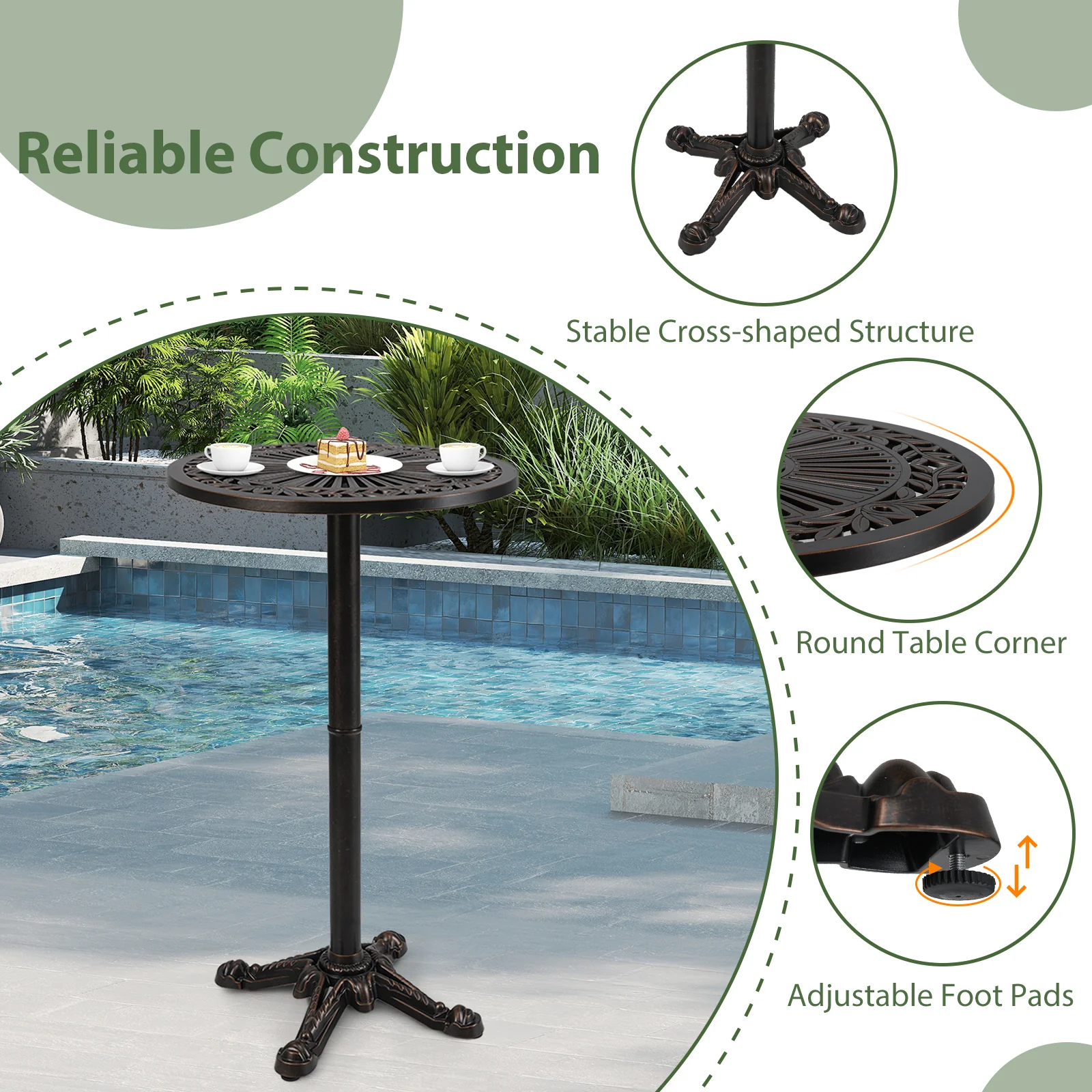 41.5 Inch Patio Round Bar Table Cast Aluminum Bistro Table for Garden, Bronze - Image 10