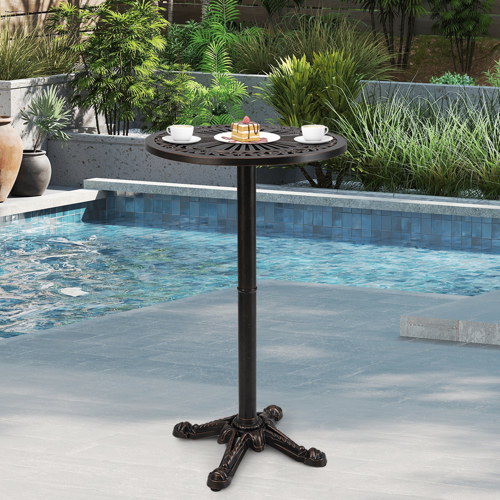 41.5 Inch Patio Round Bar Table Cast Aluminum Bistro Table for Garden, Bronze - Image 3
