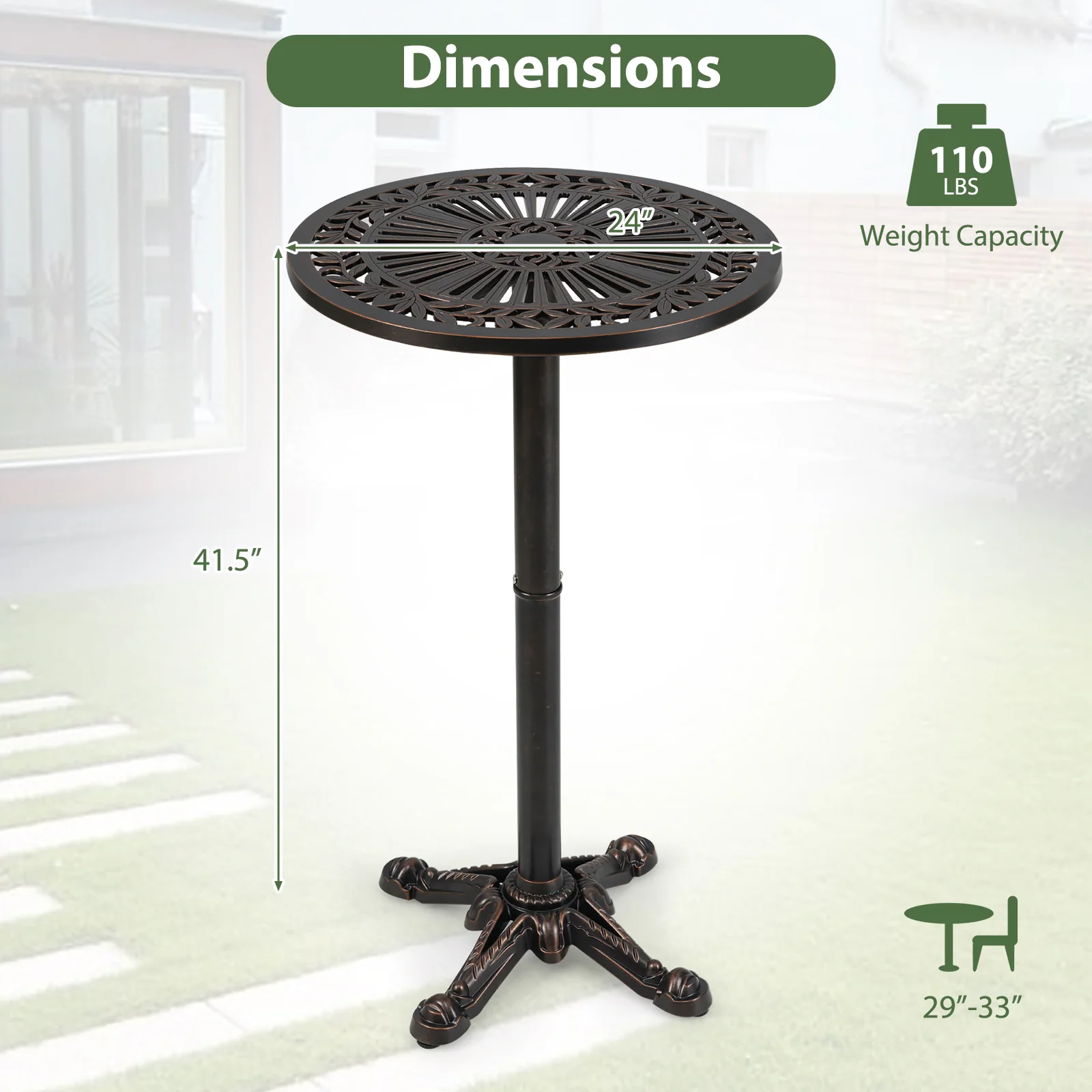 41.5 Inch Patio Round Bar Table Cast Aluminum Bistro Table for Garden, Bronze - Image 6