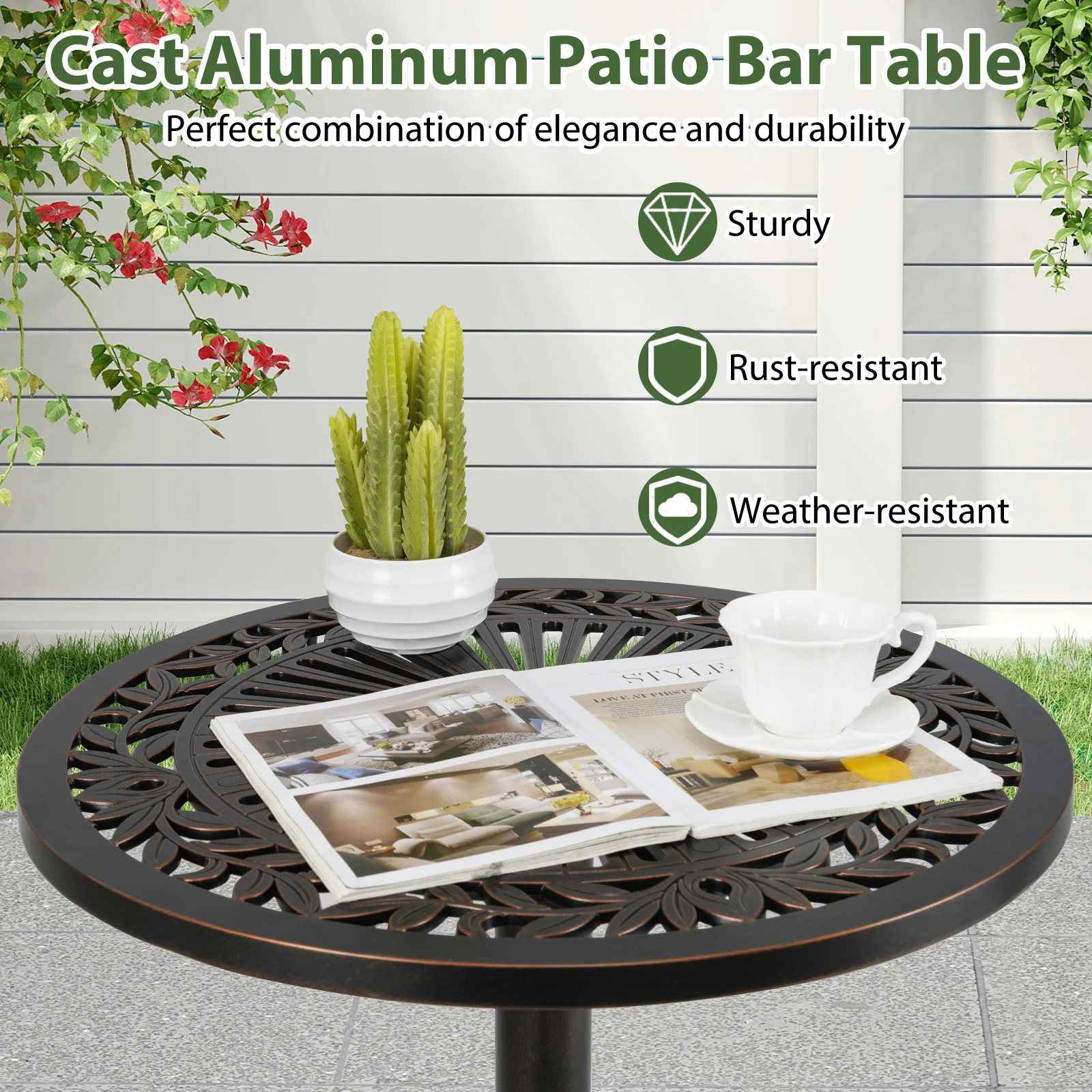 41.5 Inch Patio Round Bar Table Cast Aluminum Bistro Table for Garden, Bronze - Image 8