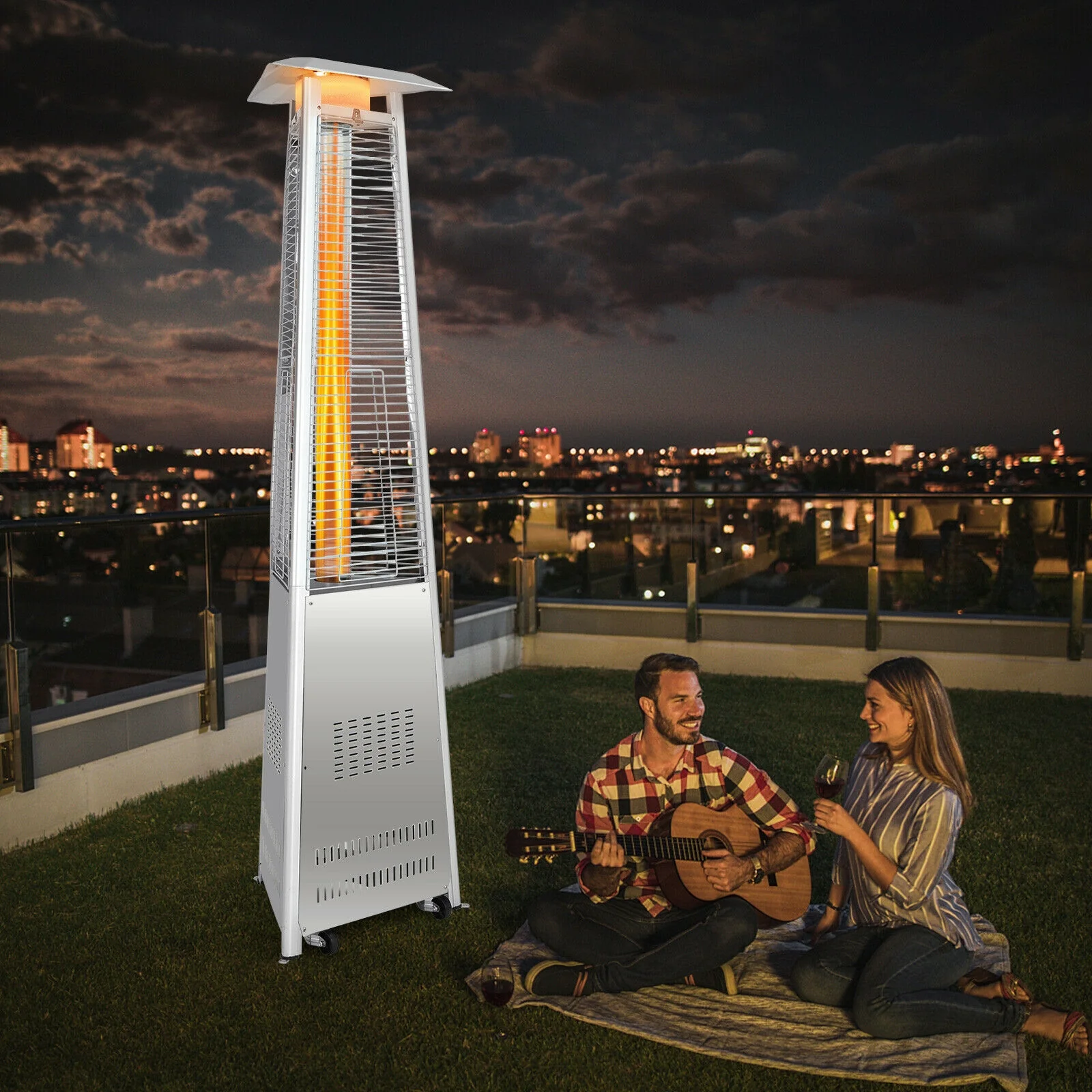 42,000 BTU Stainless Steel Pyramid Patio Heater With Wheels, Silver - Image 2