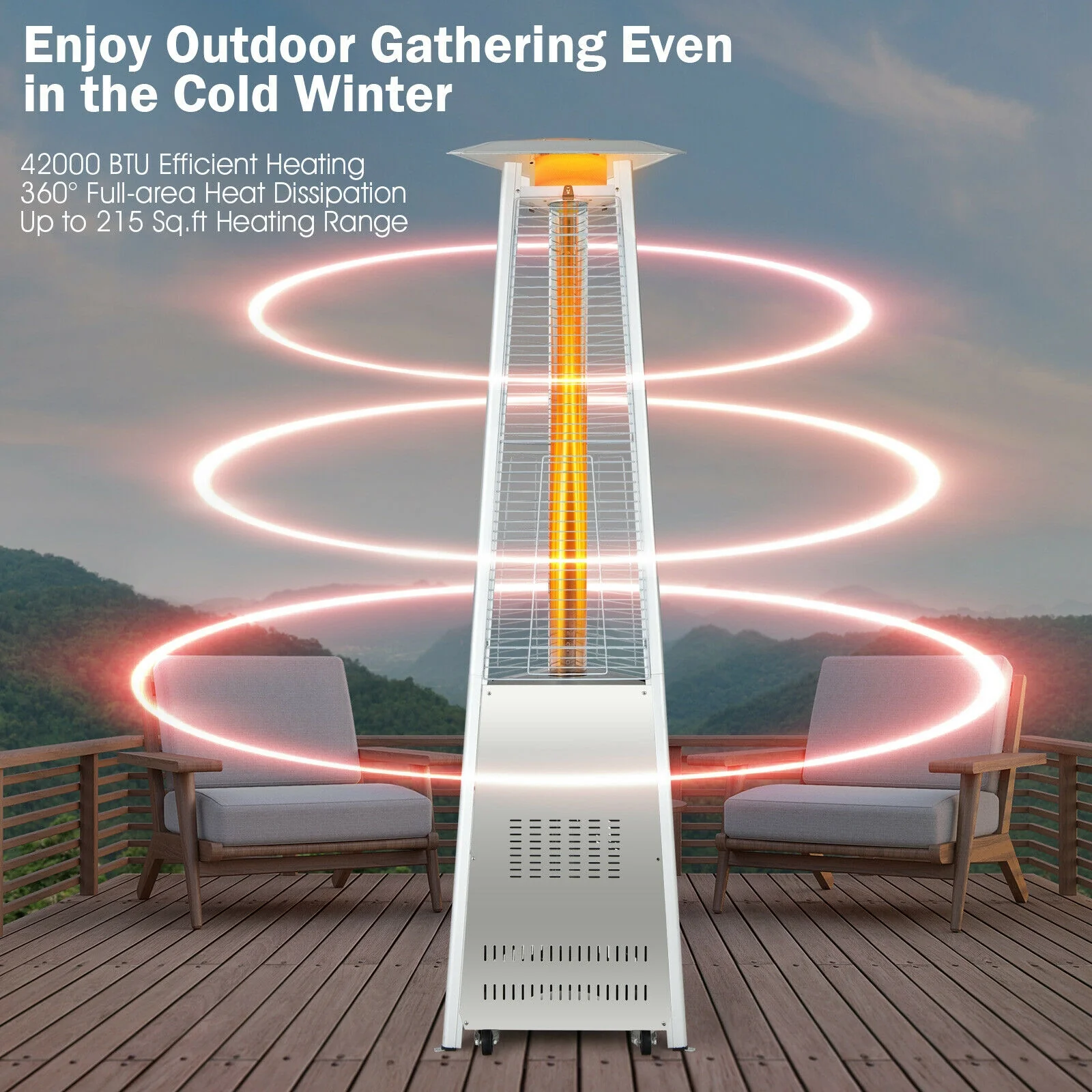 42,000 BTU Stainless Steel Pyramid Patio Heater With Wheels, Silver - Image 6