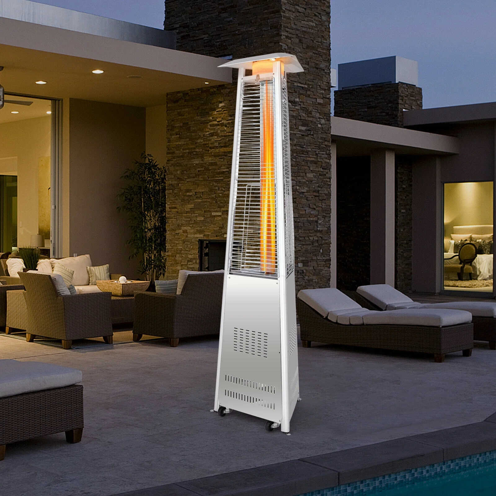 42,000 BTU Stainless Steel Pyramid Patio Heater With Wheels, Silver - Image 8