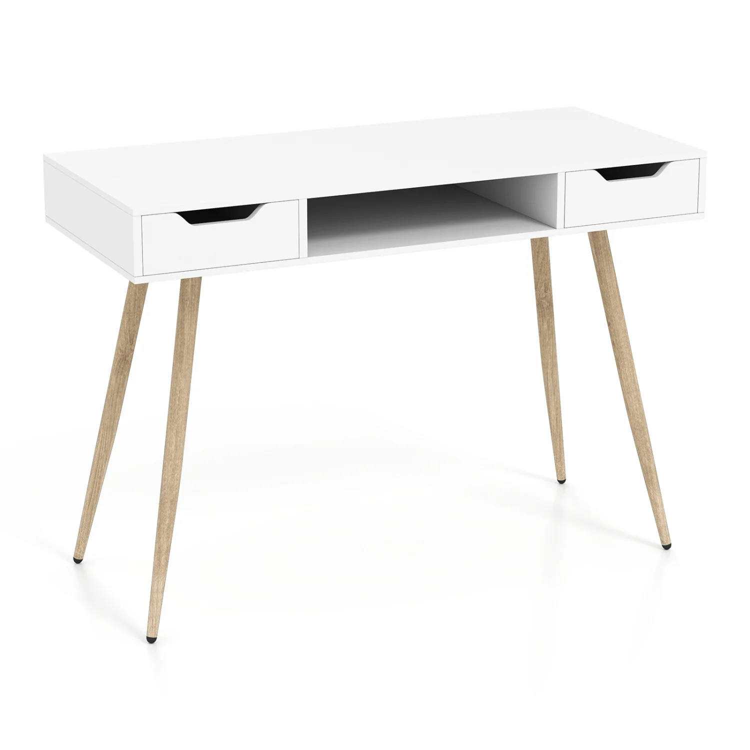 42.5" Mid Century Writing Desk, Metal Leg, Drawers, White