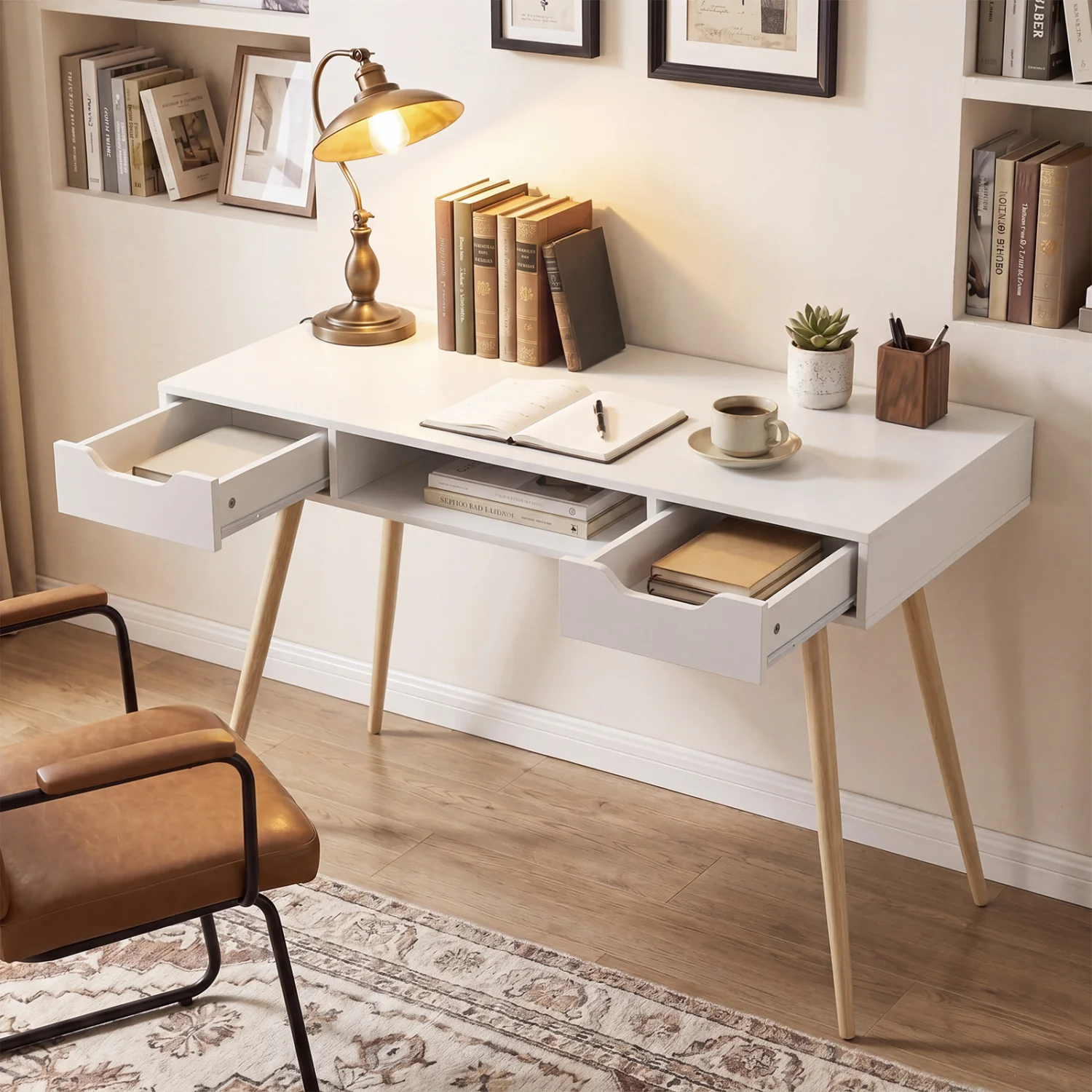 42.5" Mid Century Writing Desk, Metal Leg, Drawers, White - Image 2