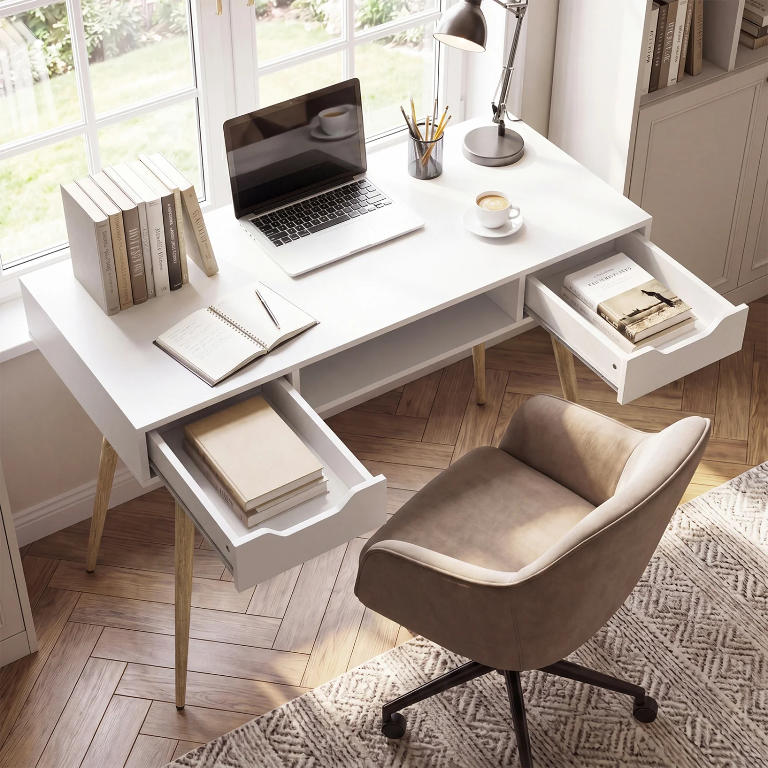 42.5" Mid Century Writing Desk, Metal Leg, Drawers, White - Image 3