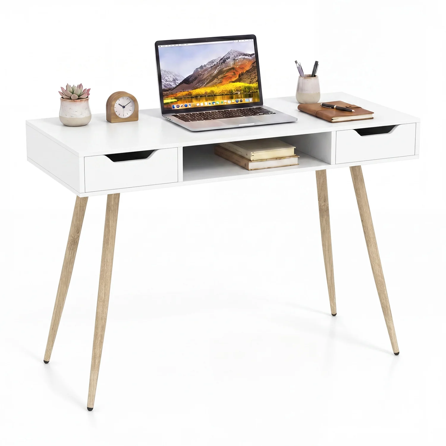 42.5" Mid Century Writing Desk, Metal Leg, Drawers, White - Image 4