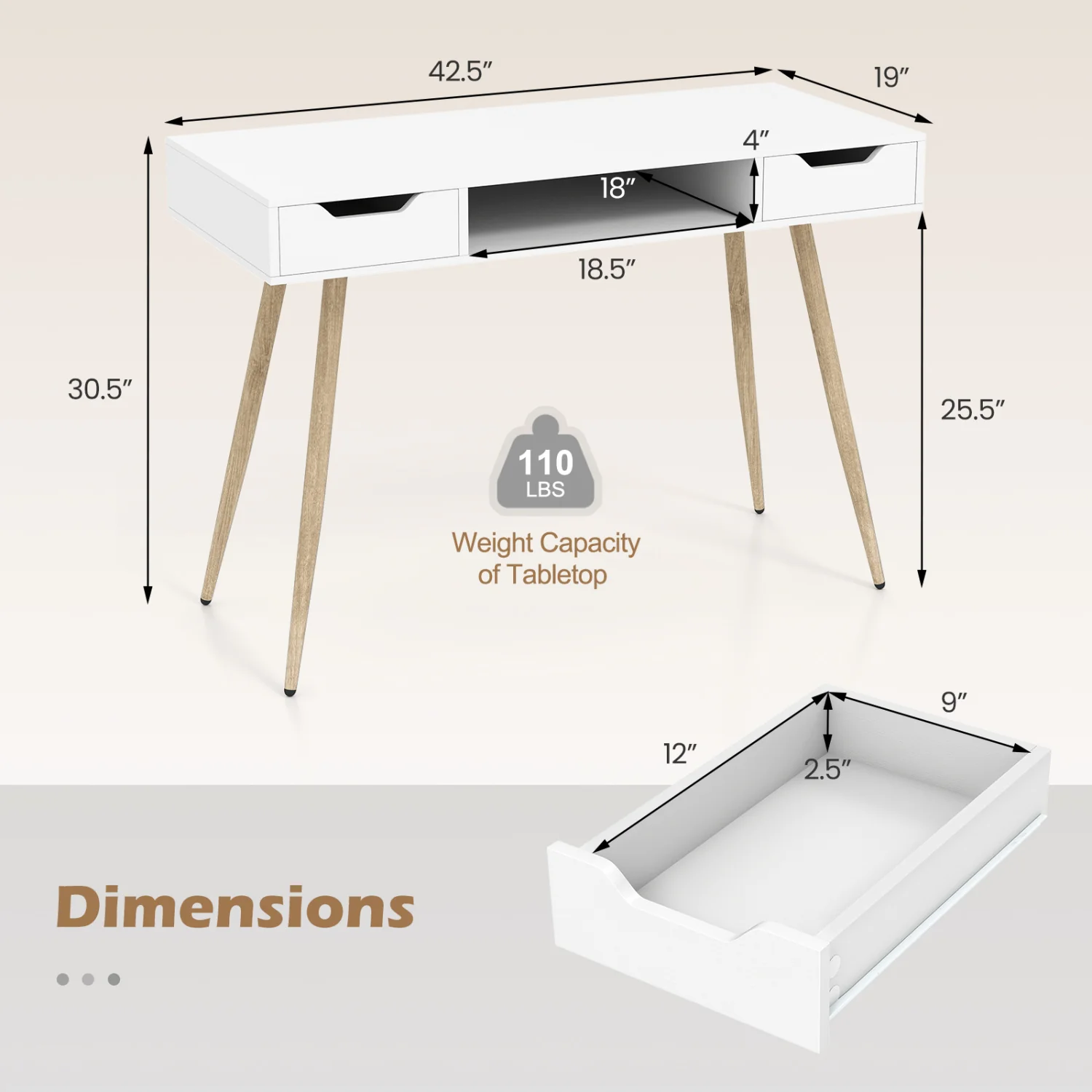 42.5" Mid Century Writing Desk, Metal Leg, Drawers, White - Image 5