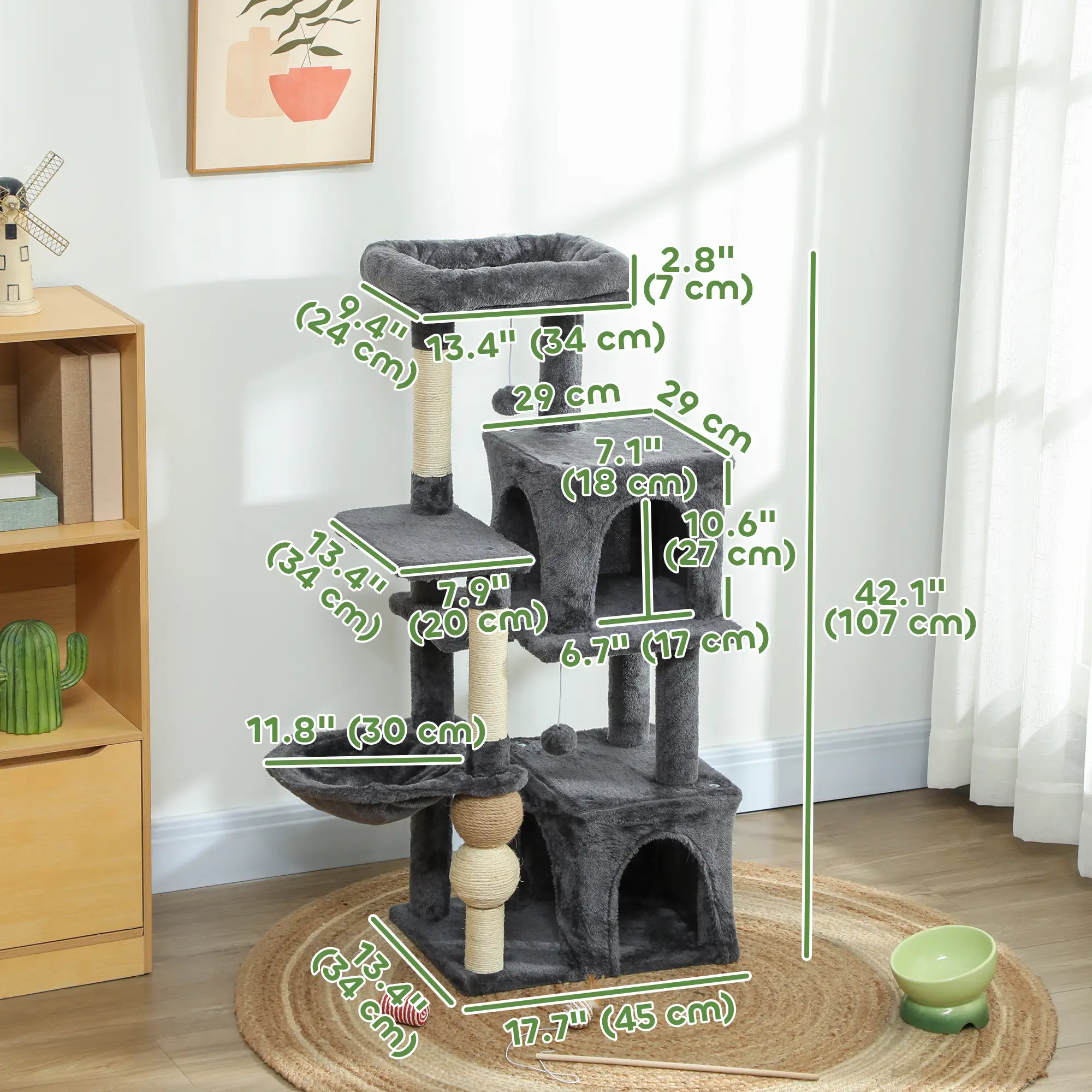 42" Cat Tree, Multi-Level with Perch, Hammock, Condos, Scratching Posts - Image 3