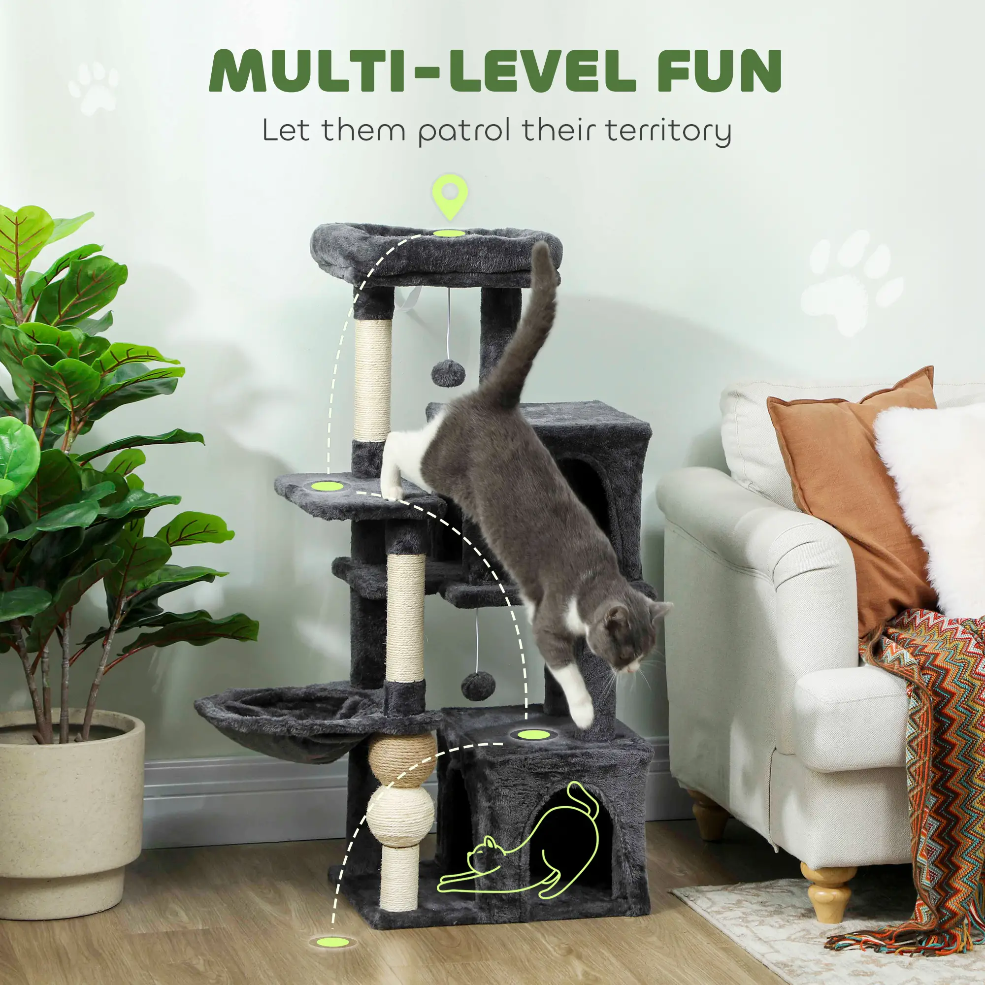 42" Cat Tree, Multi-Level with Perch, Hammock, Condos, Scratching Posts - Image 4