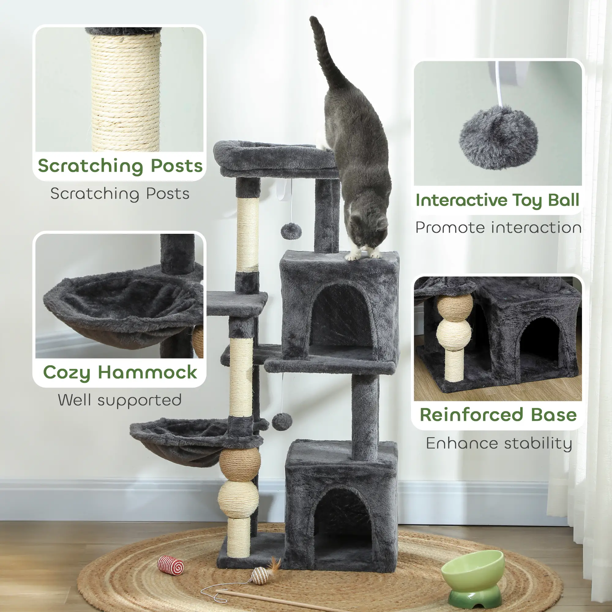 42" Cat Tree, Multi-Level with Perch, Hammock, Condos, Scratching Posts - Image 7