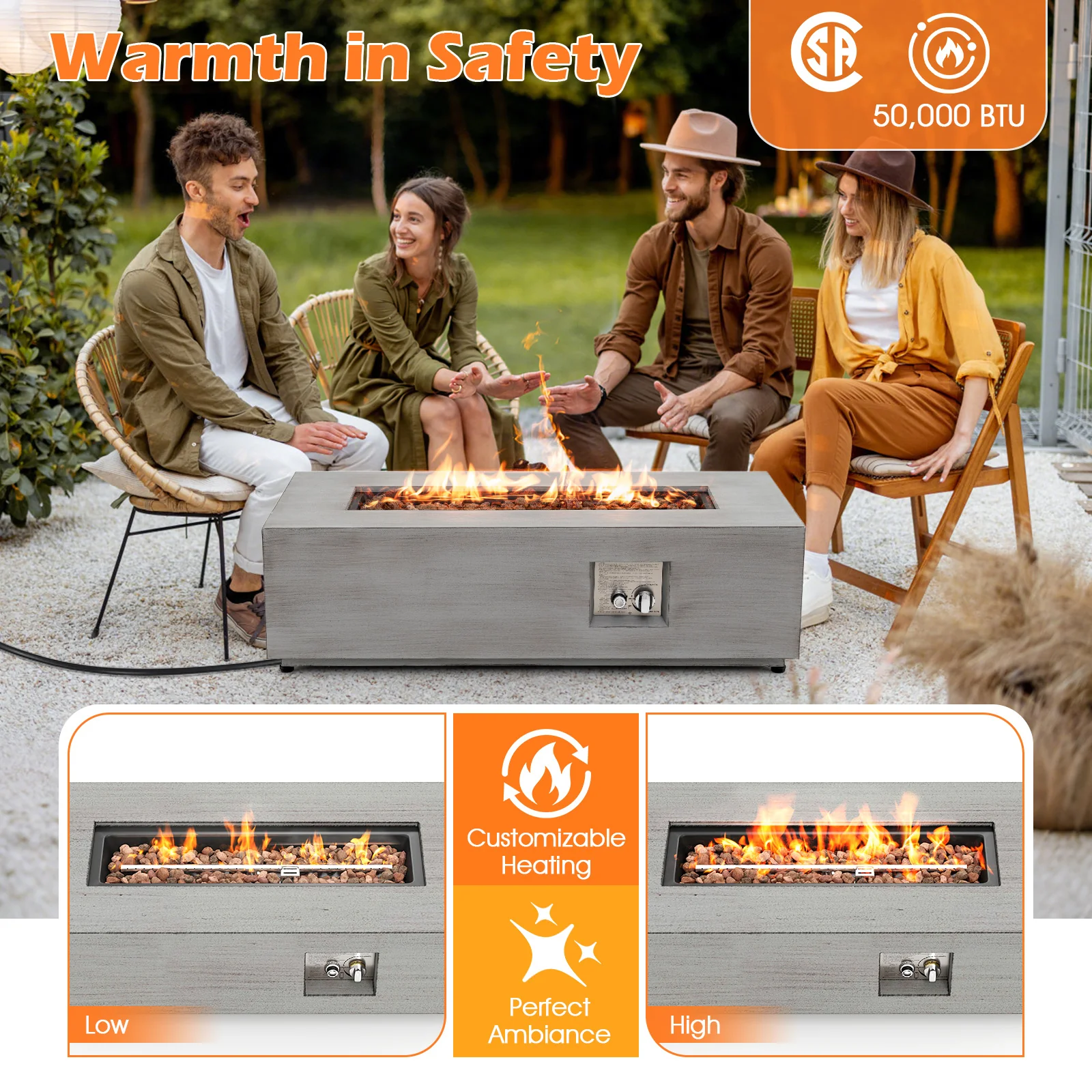 42 Inch 50,000 BTU Outdoor Rectangular Fire Table, With Tank Holder, Gray - Image 7