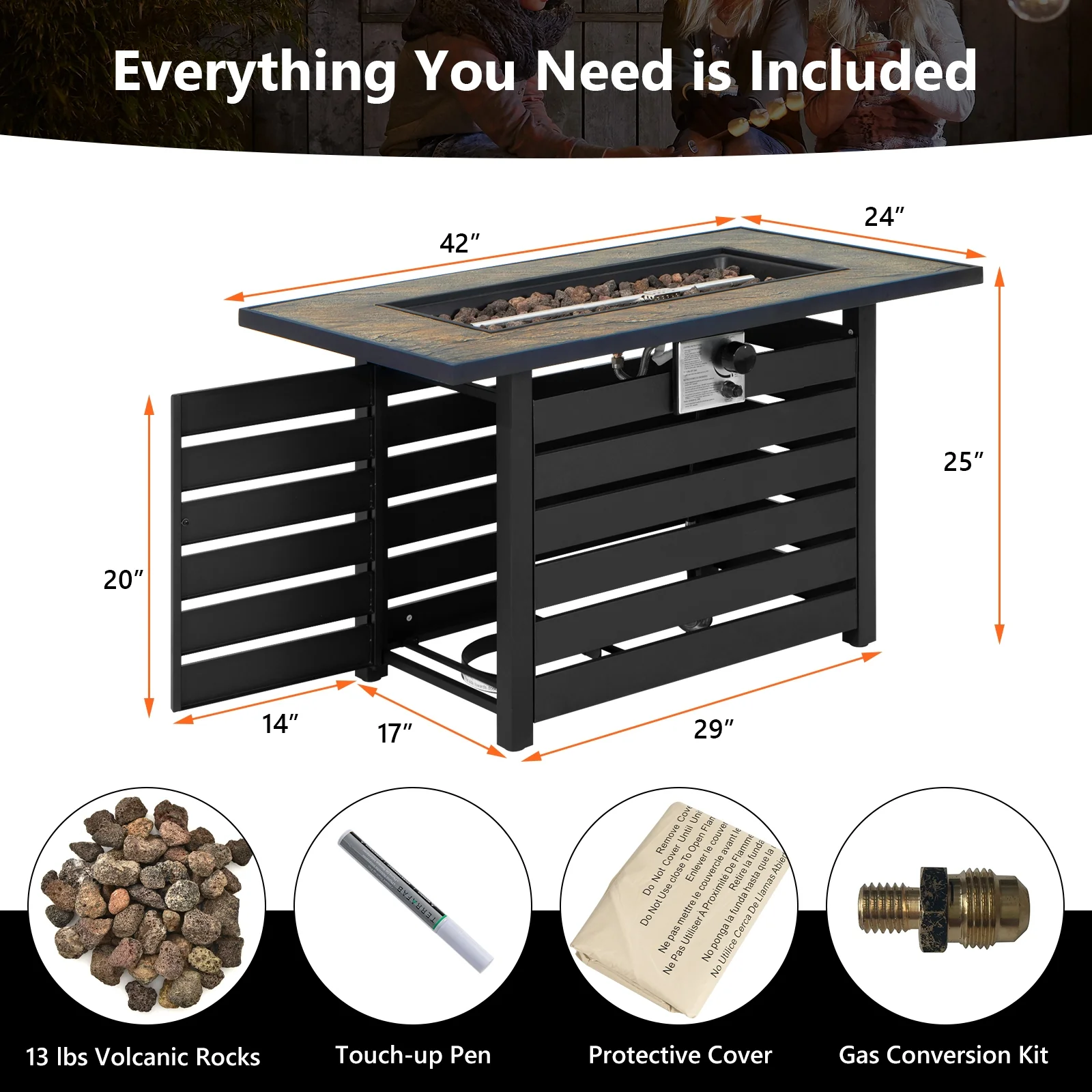 42 Inch 50000 BTU Propane Fire Pit Table, Ore Powder Surface, Black - Image 6