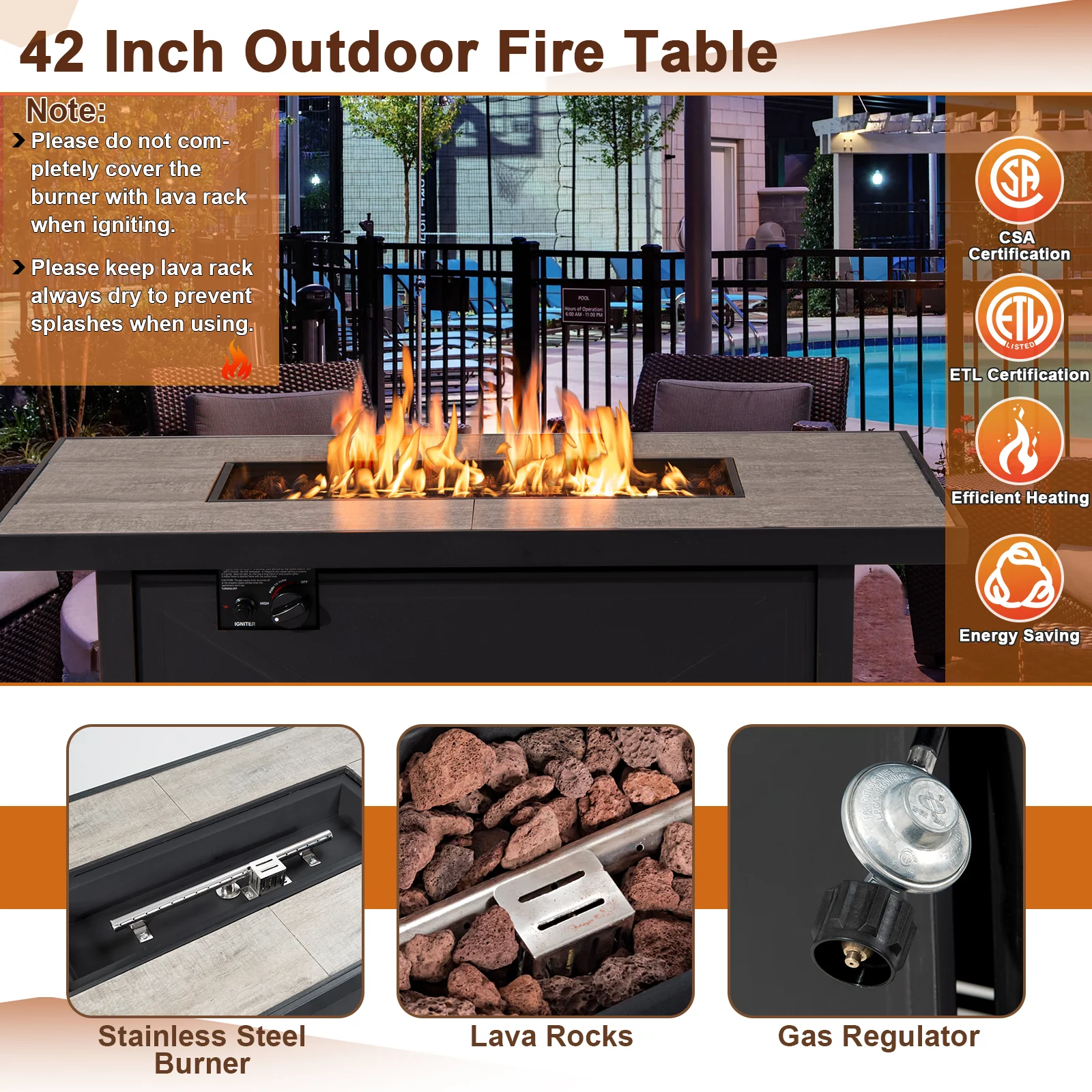 42 Inch 60000 BTU Propane Fire Pit Table, Ceramic Tabletop, Black - Image 10