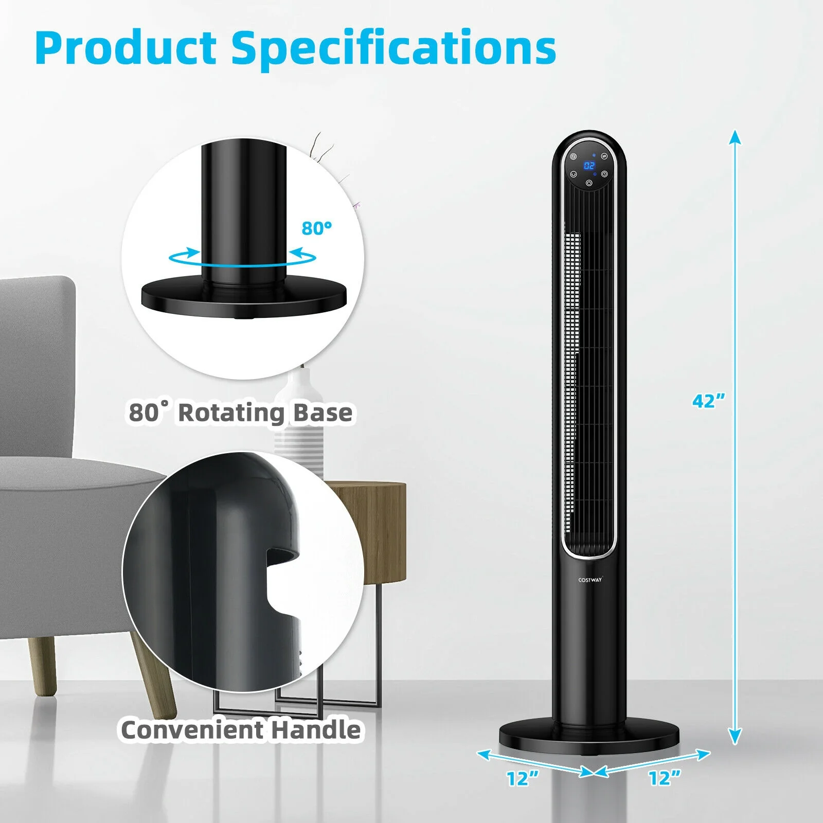 42 Inch 80 Degree Tower Fan, Smart Display Panel, Remote Control, Black - Image 6