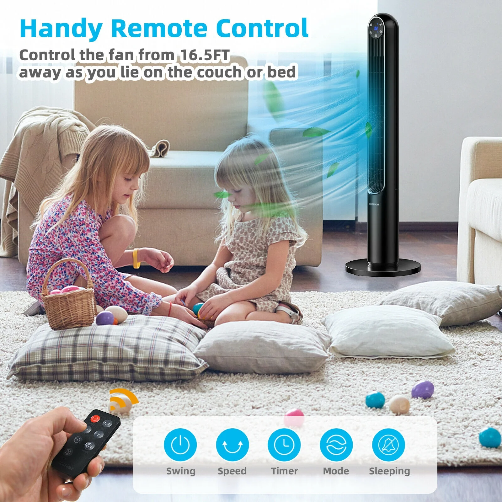42 Inch 80 Degree Tower Fan, Smart Display Panel, Remote Control, Black - Image 8