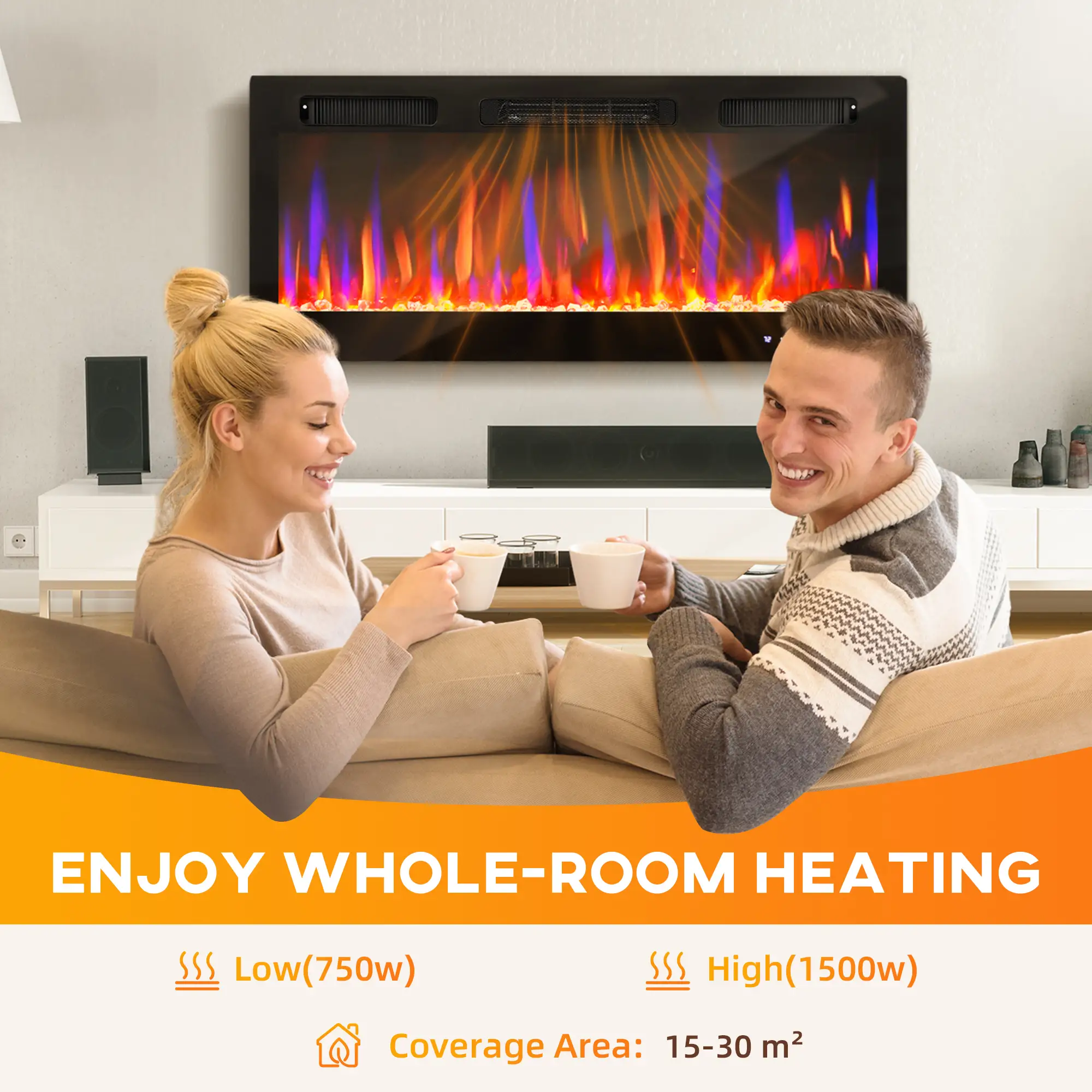 42 Inch Electric Fireplace, Freestanding, Wall Mounted, Eco Mode, Remote, 1500W - Image 7