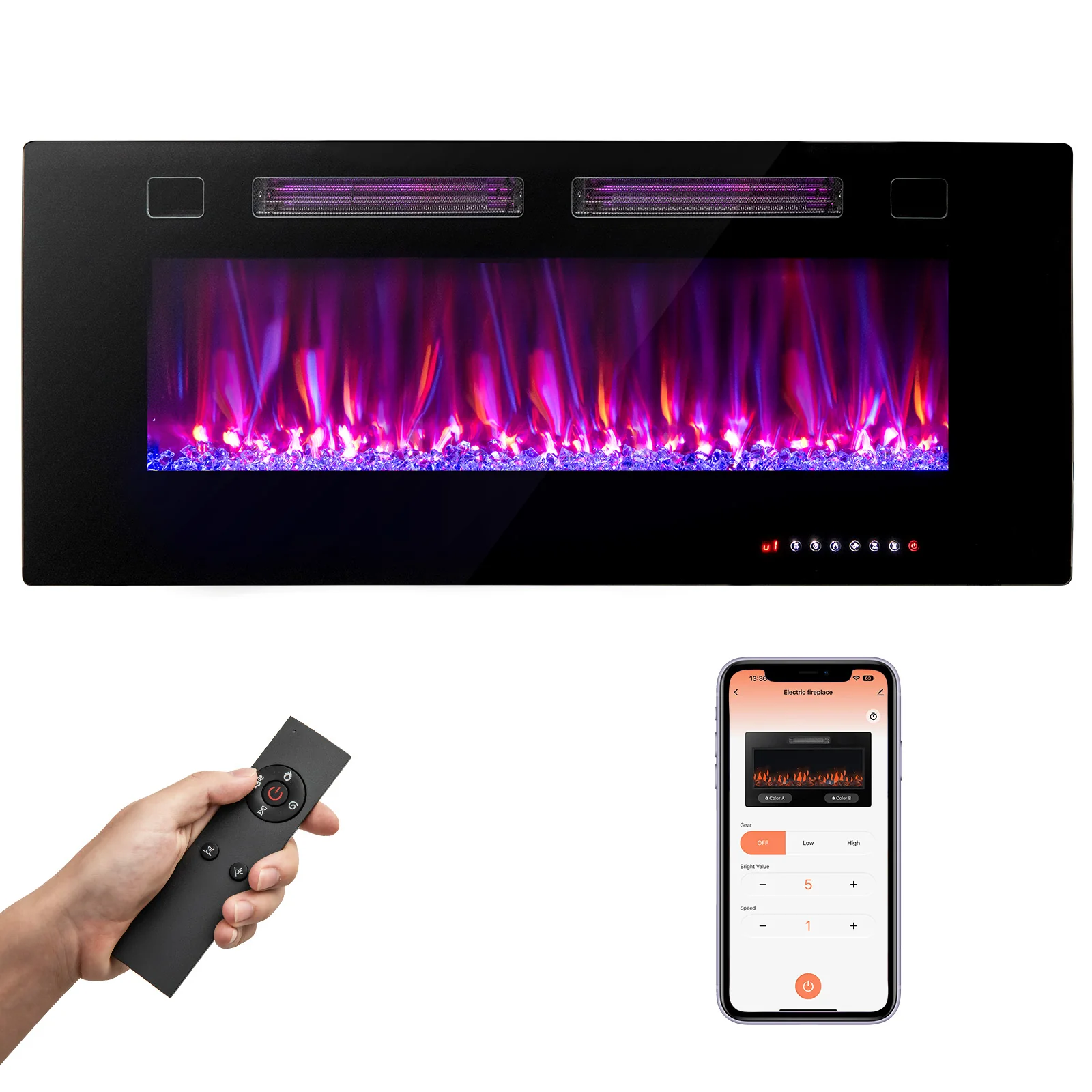 42 Inch Electric Fireplace With Decorative Crystals, Smart App Control, Black - Image 4