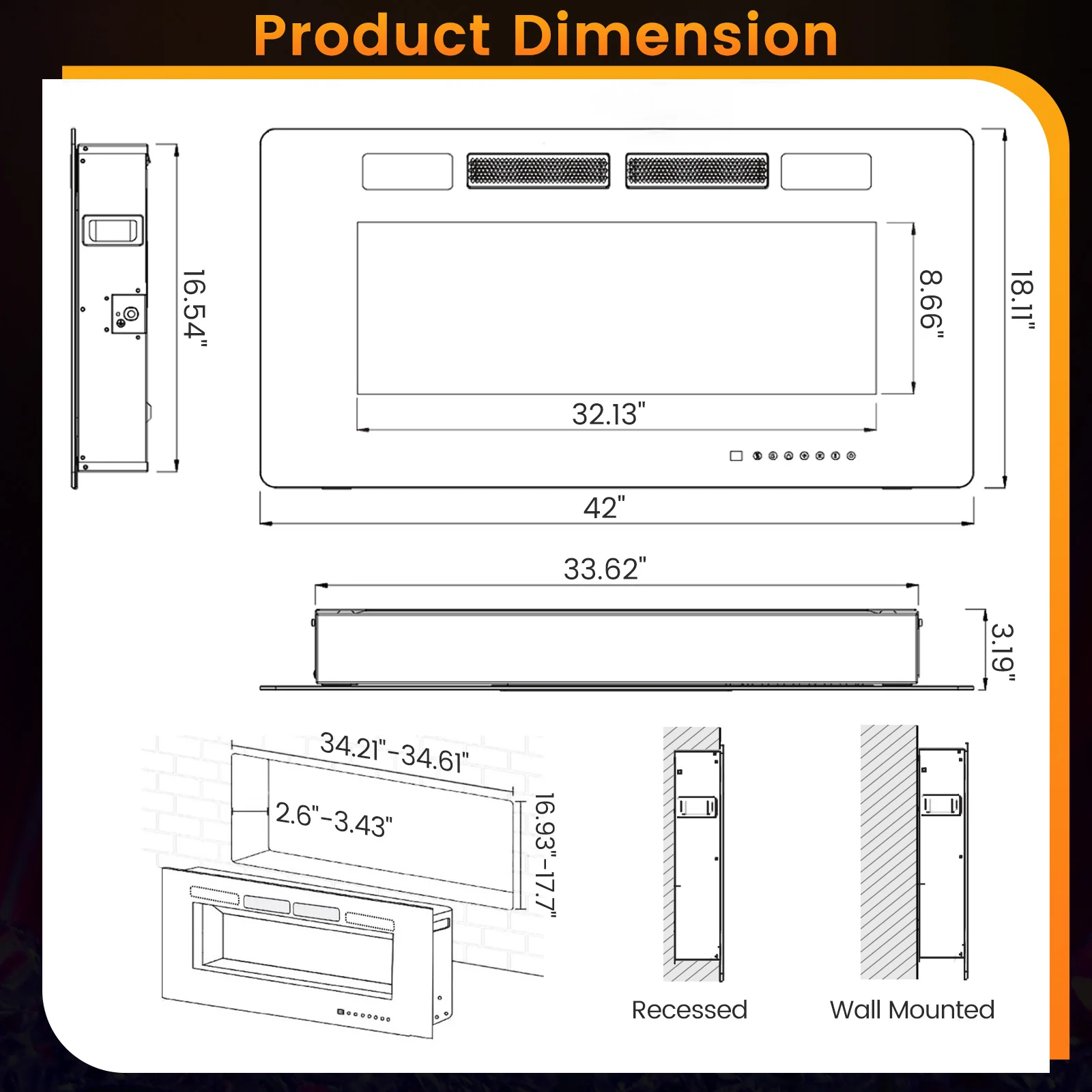 42 Inch Electric Fireplace With Decorative Crystals, Smart App Control, Black - Image 5