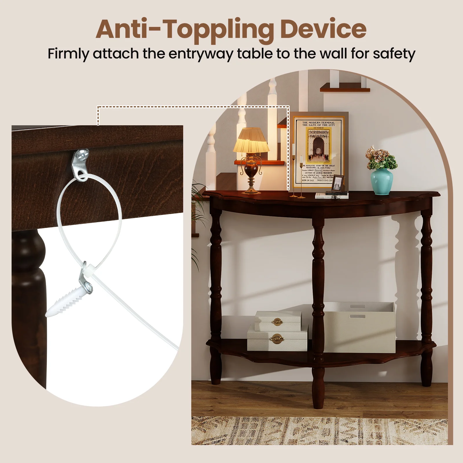 42 Inch Half Moon Console Table With Shelf, Espresso - Image 10