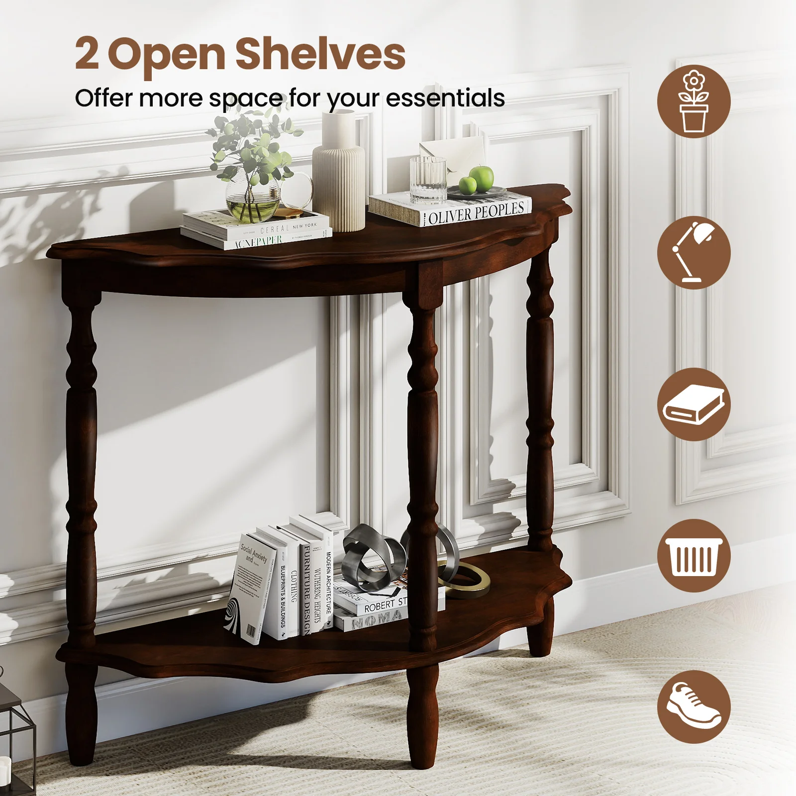 42 Inch Half Moon Console Table With Shelf, Espresso - Image 8