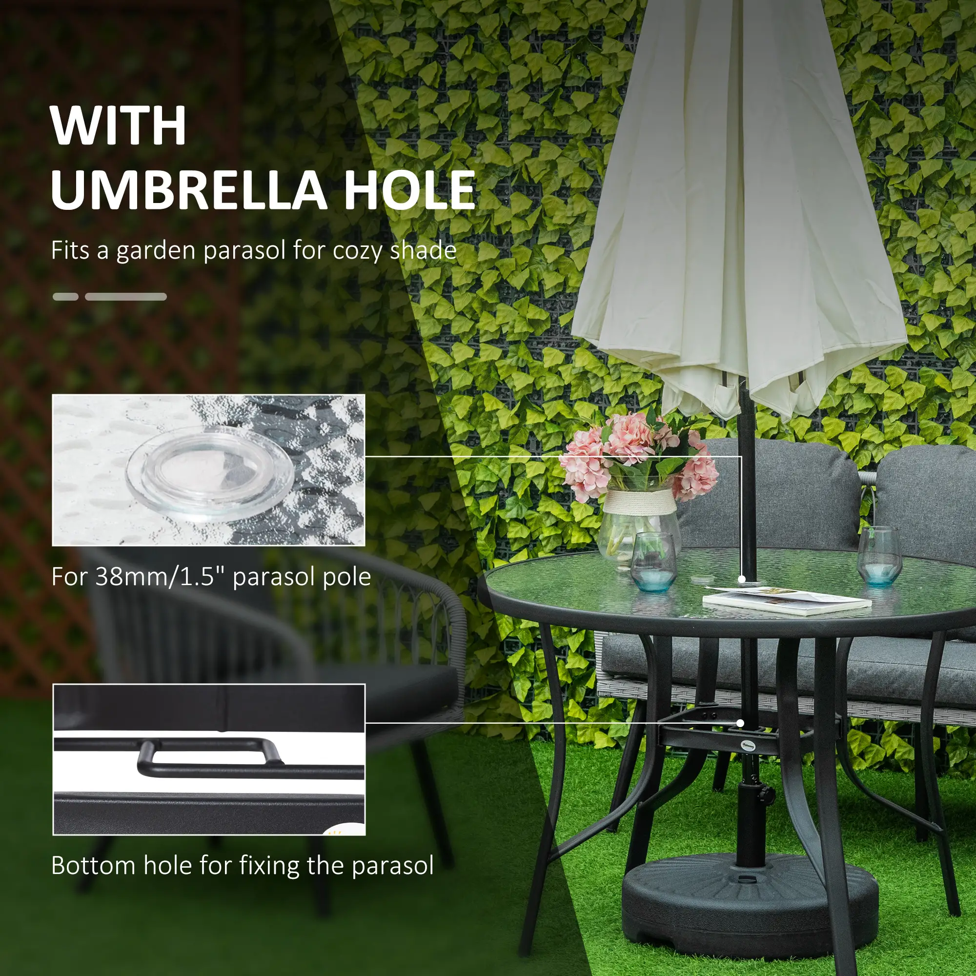 42 Inch Round Outdoor Dining Table with Umbrella Hole, Steel - Image 4