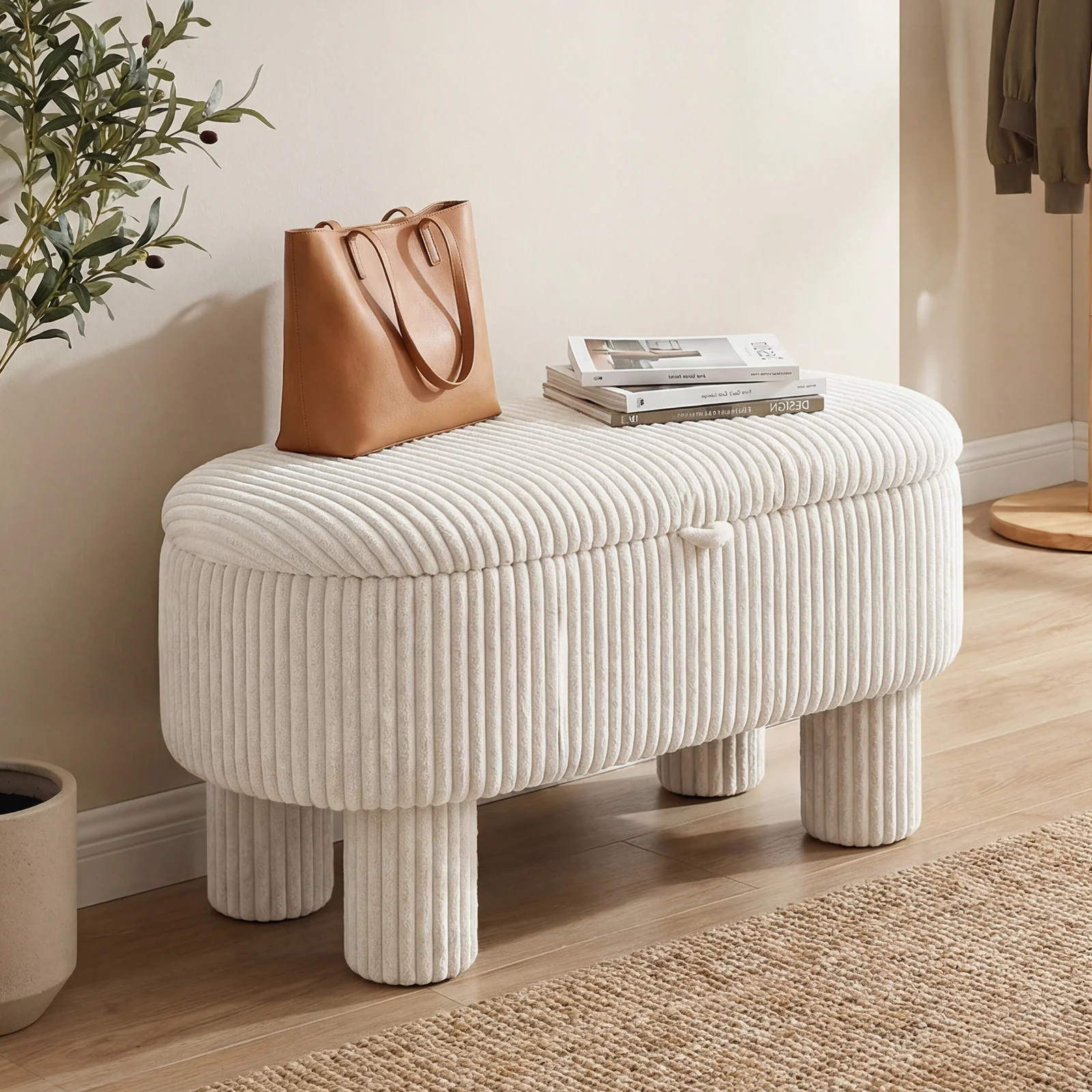 42 Inch Storage Ottoman Bench Corduroy, Beige - Image 3