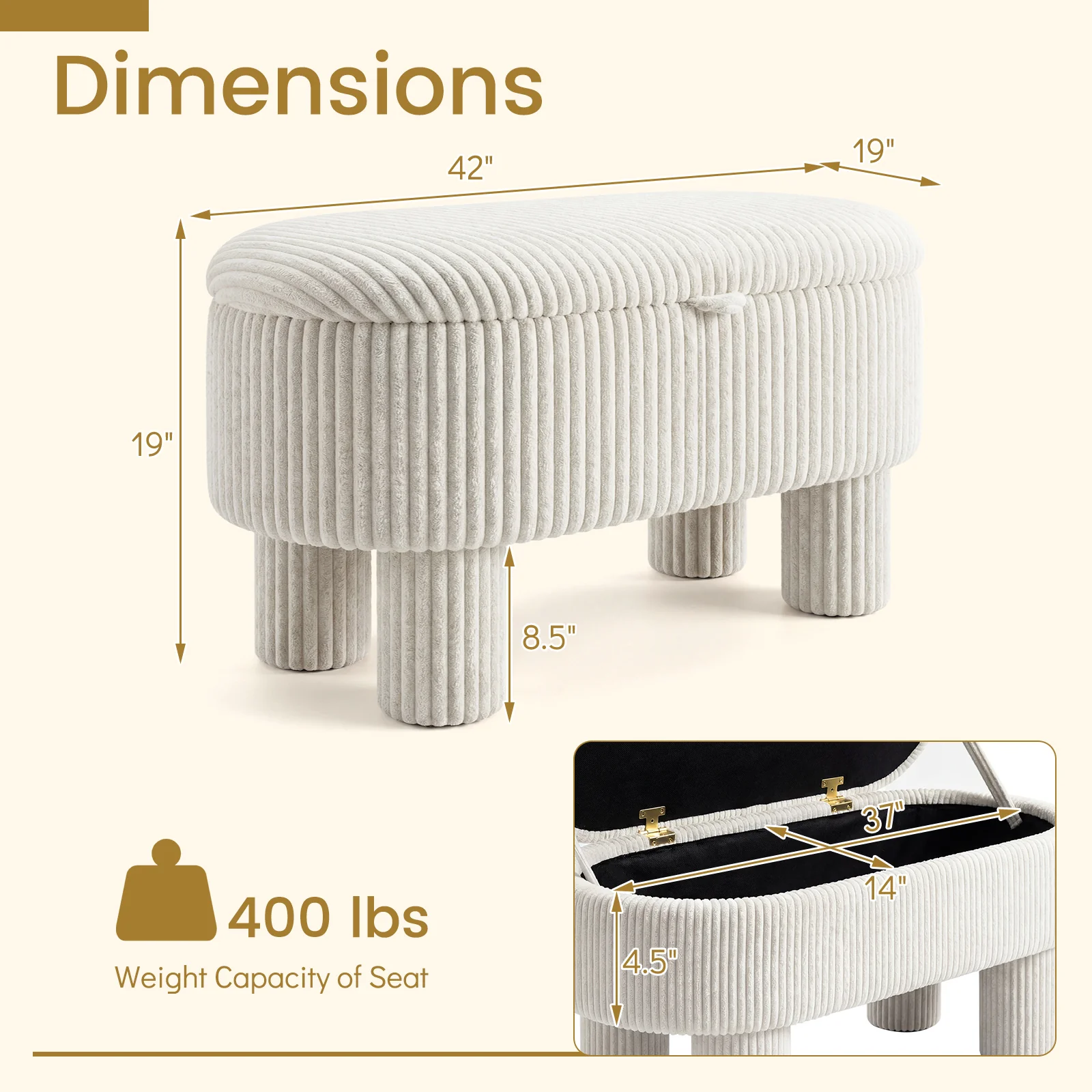 42 Inch Storage Ottoman Bench Corduroy, Beige - Image 5