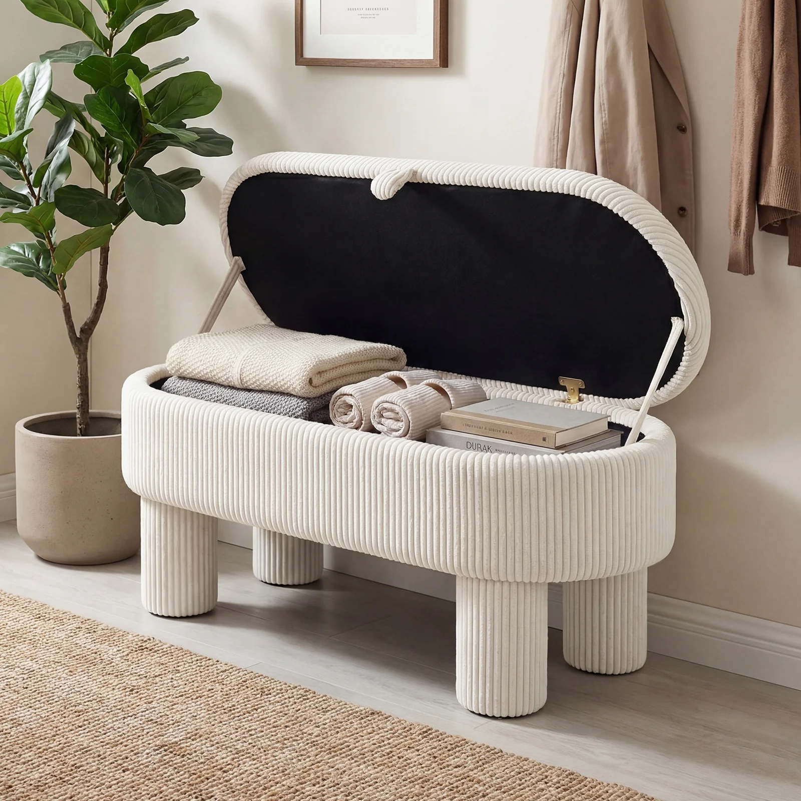42 Inch Storage Ottoman Bench Corduroy, Beige - Image 6