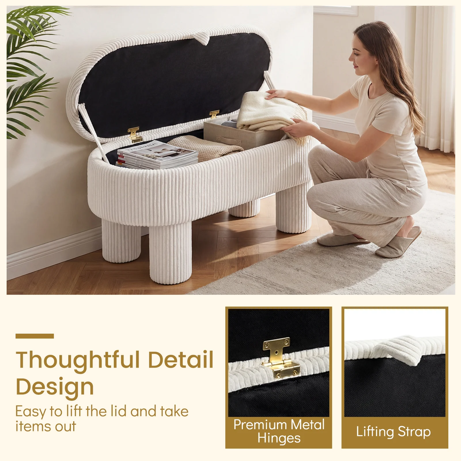 42 Inch Storage Ottoman Bench Corduroy, Beige - Image 8