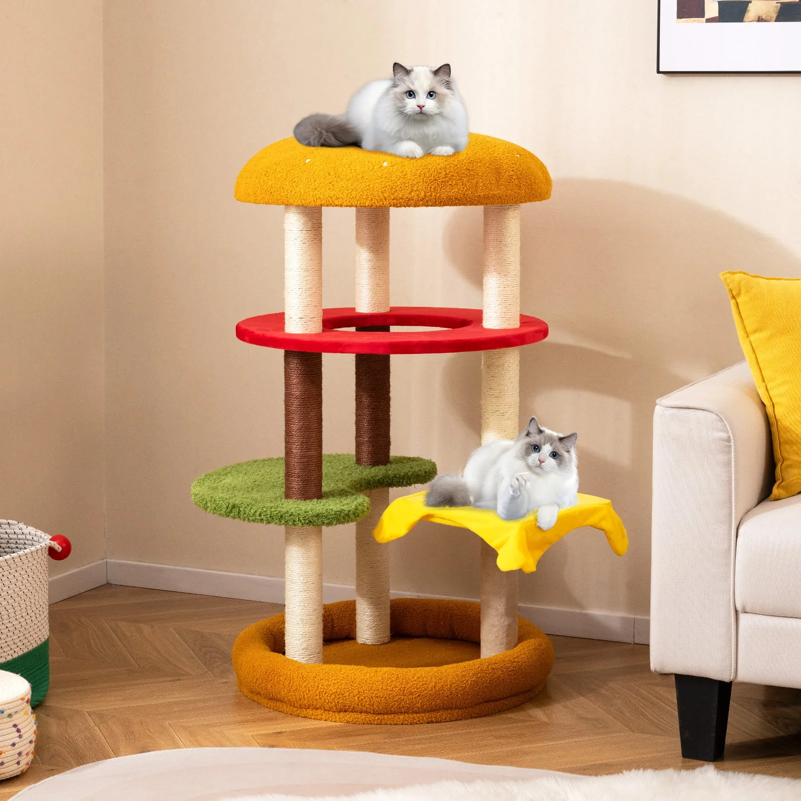 42 Inch Tall Cat Tree, Multi-Level, Padded Perch, Cat Bed, Yellow - Image 2