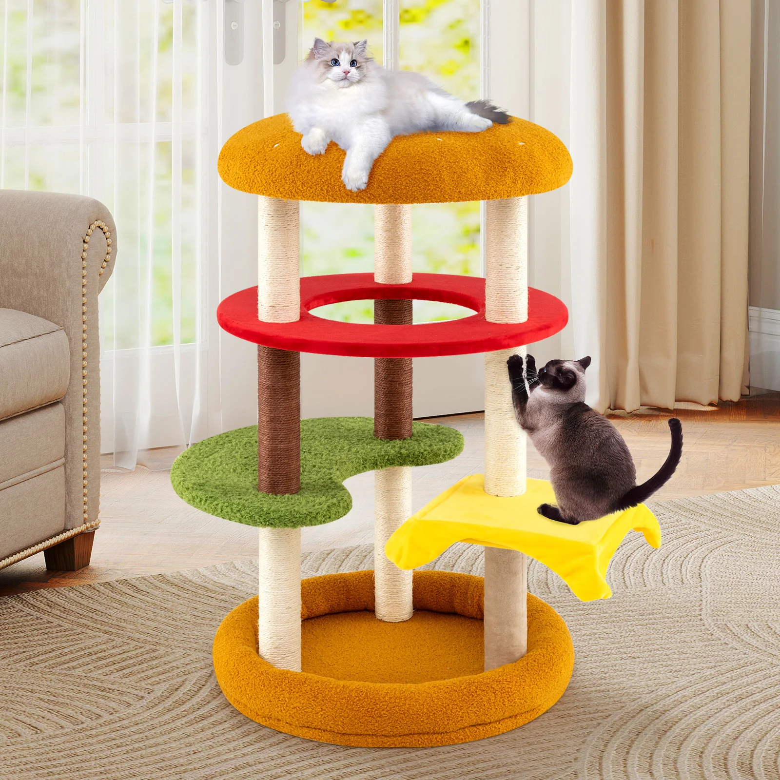 42 Inch Tall Cat Tree, Multi-Level, Padded Perch, Cat Bed, Yellow - Image 3