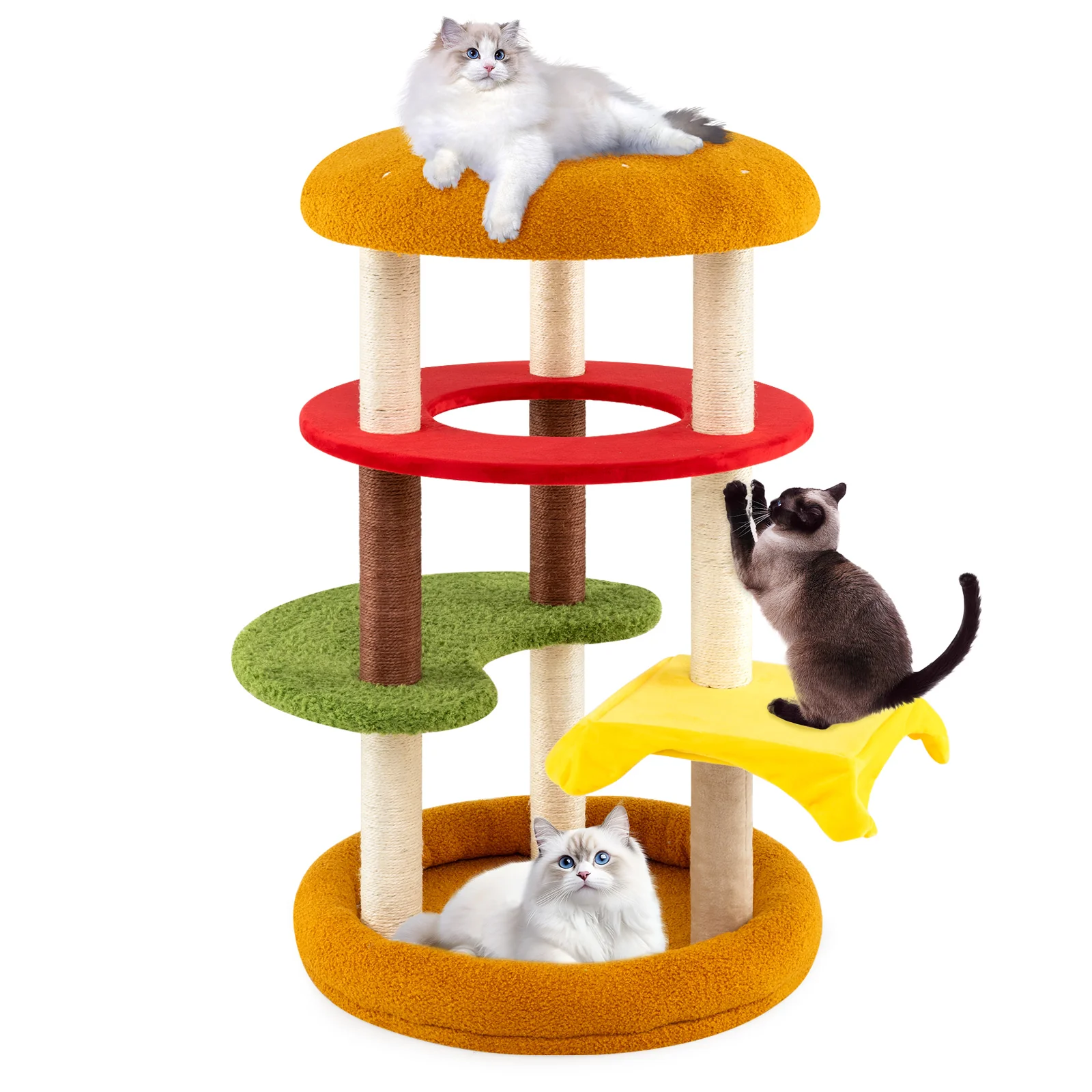 42 Inch Tall Cat Tree, Multi-Level, Padded Perch, Cat Bed, Yellow - Image 4