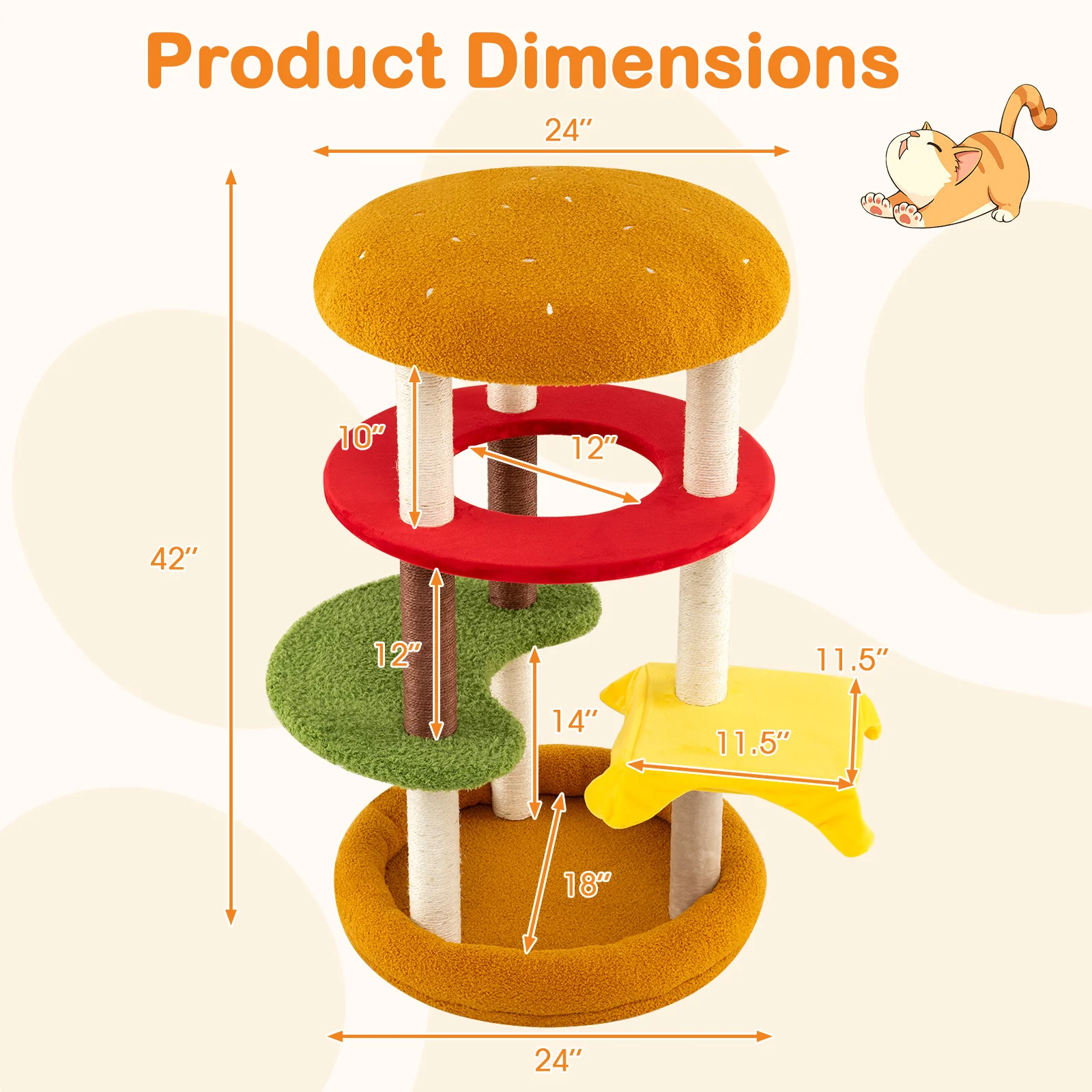 42 Inch Tall Cat Tree, Multi-Level, Padded Perch, Cat Bed, Yellow - Image 5
