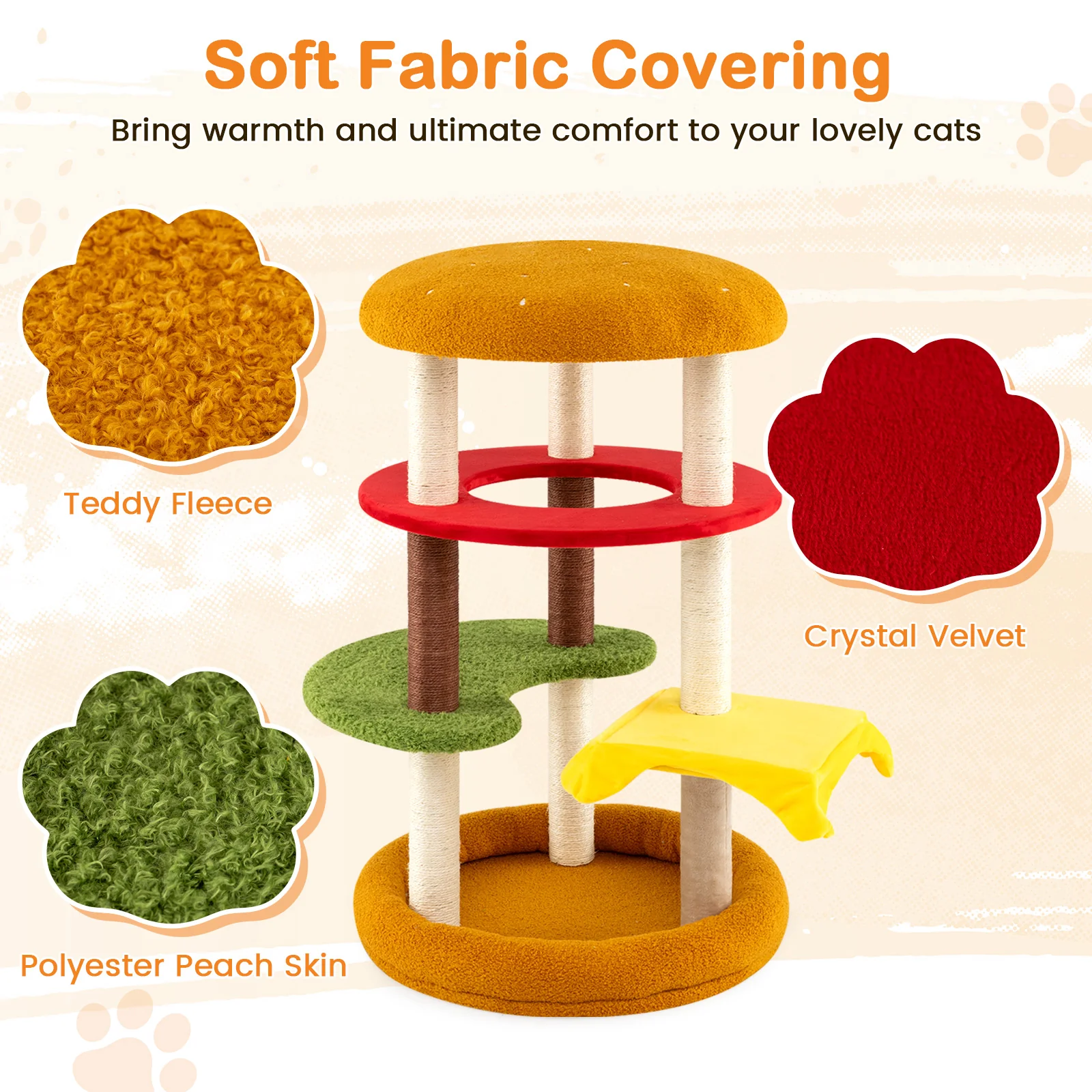 42 Inch Tall Cat Tree, Multi-Level, Padded Perch, Cat Bed, Yellow - Image 7