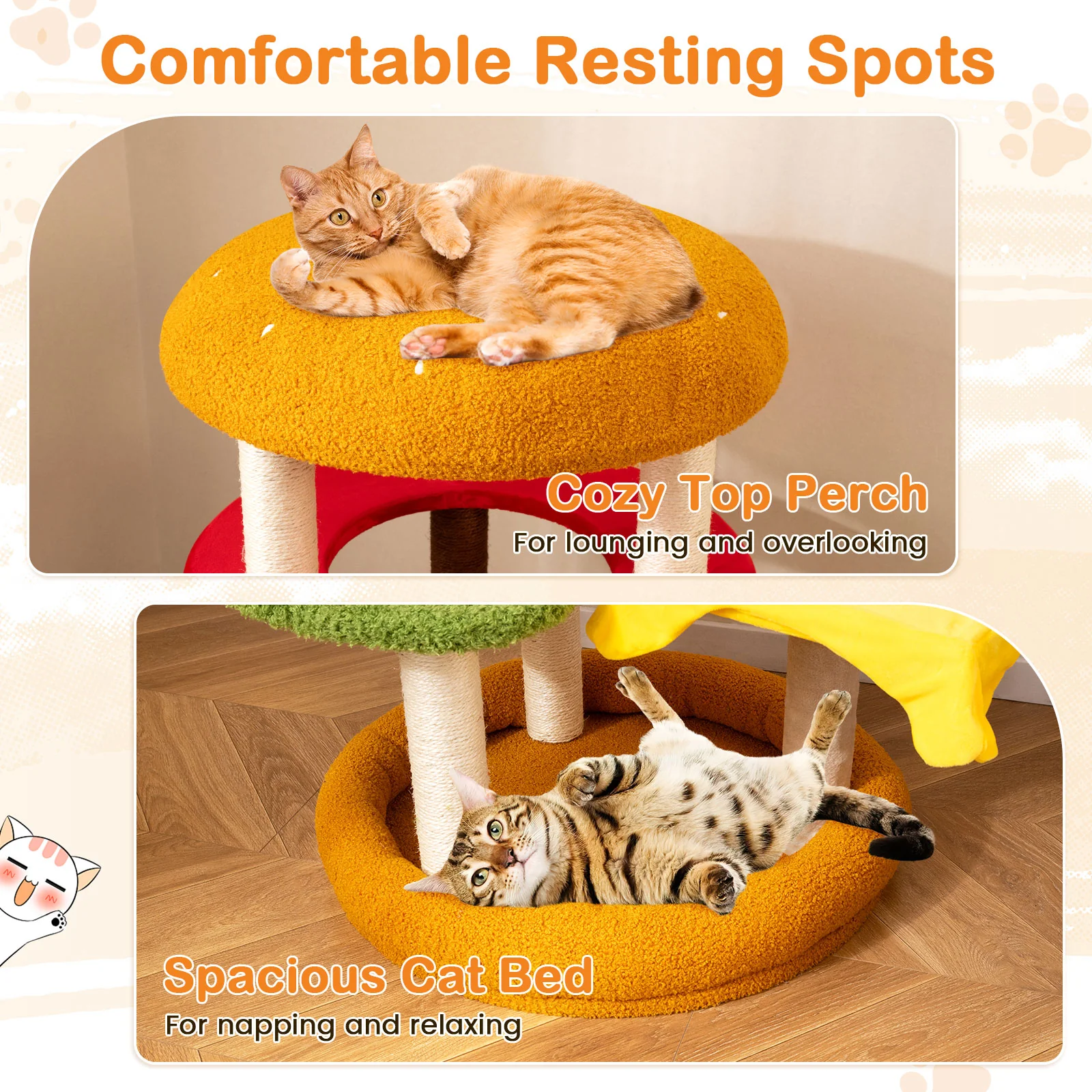 42 Inch Tall Cat Tree, Multi-Level, Padded Perch, Cat Bed, Yellow - Image 8