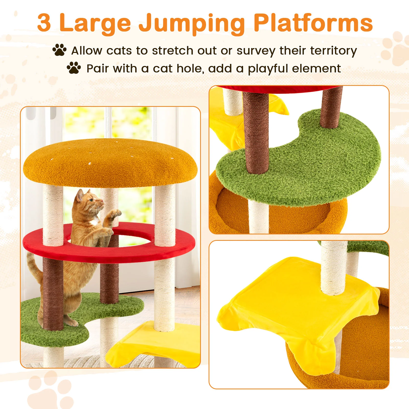 42 Inch Tall Cat Tree, Multi-Level, Padded Perch, Cat Bed, Yellow - Image 9
