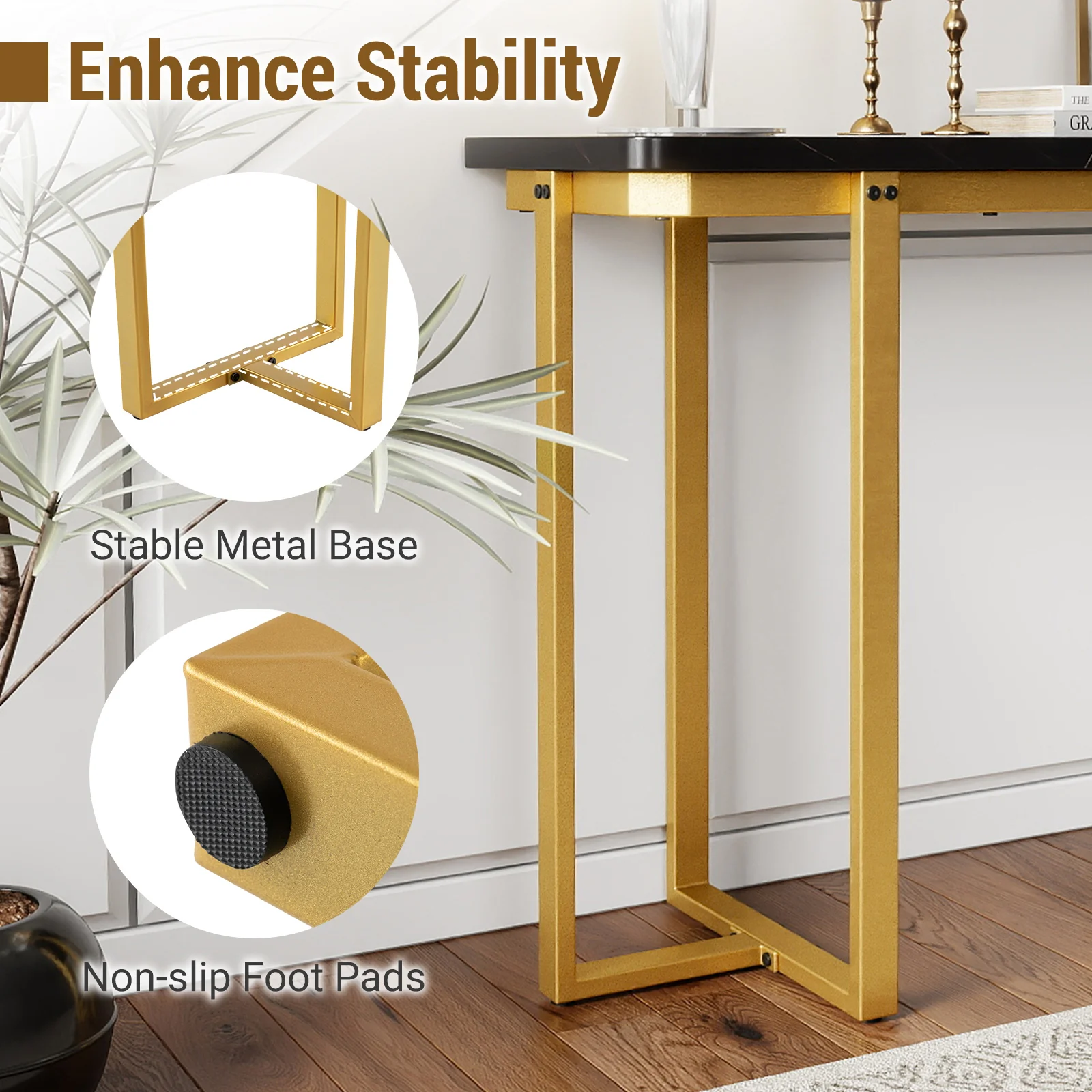42 Inches Modern Faux Marble Entryway Table with Geometric Metal Frame, Black - Image 10