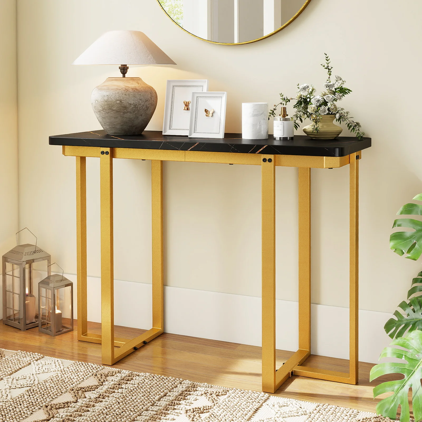 42 Inches Modern Faux Marble Entryway Table with Geometric Metal Frame, Black - Image 2